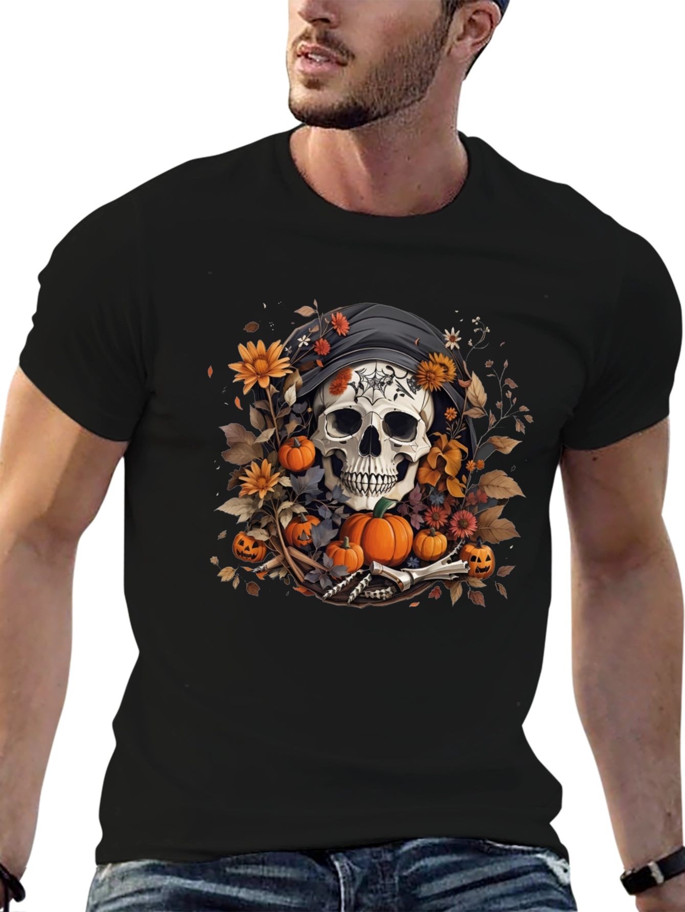 Halloween Skull T-Shirt: Floral Pumpkin Reaper Design