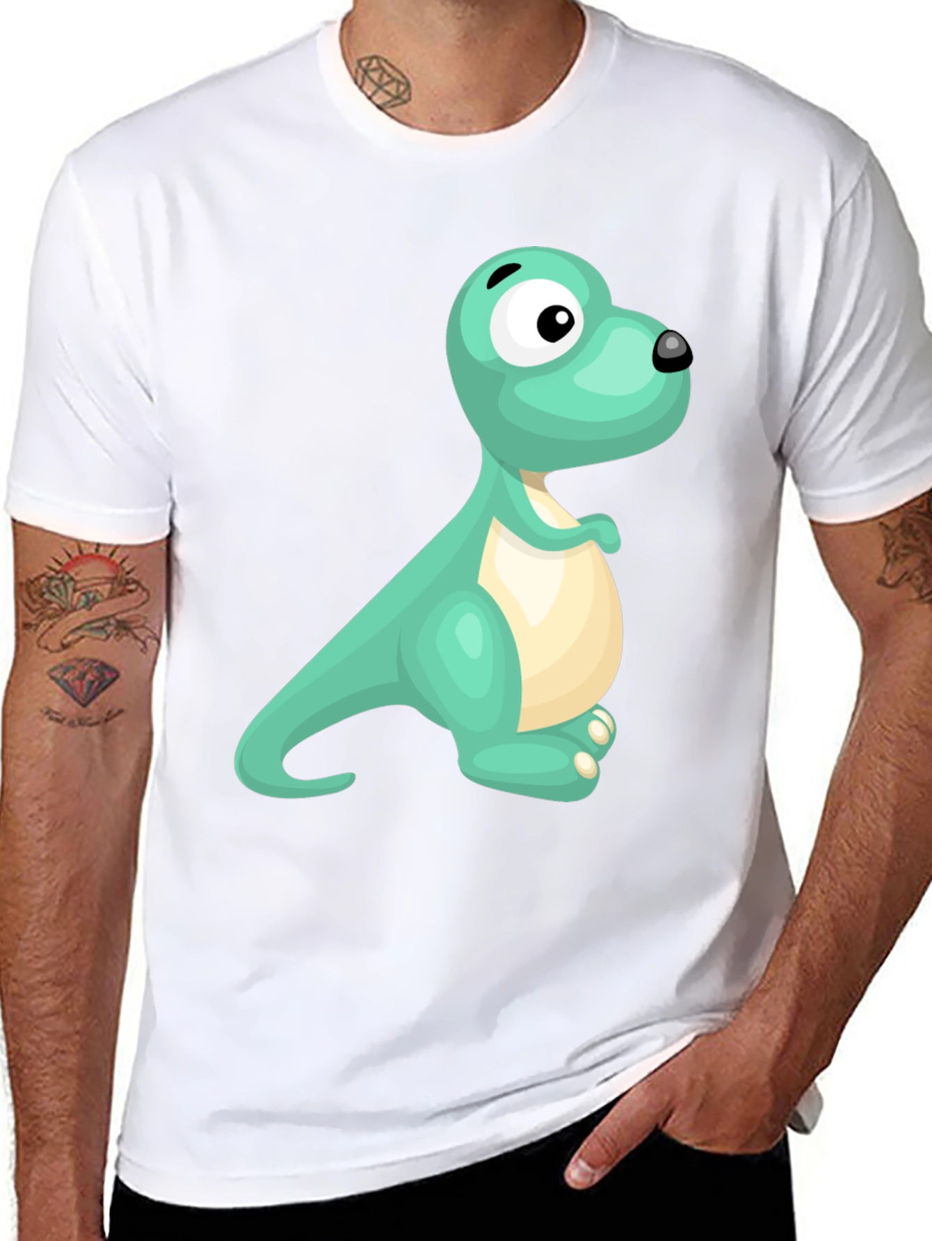 Cute Cartoon Dinosaur Graphic Tee - Black