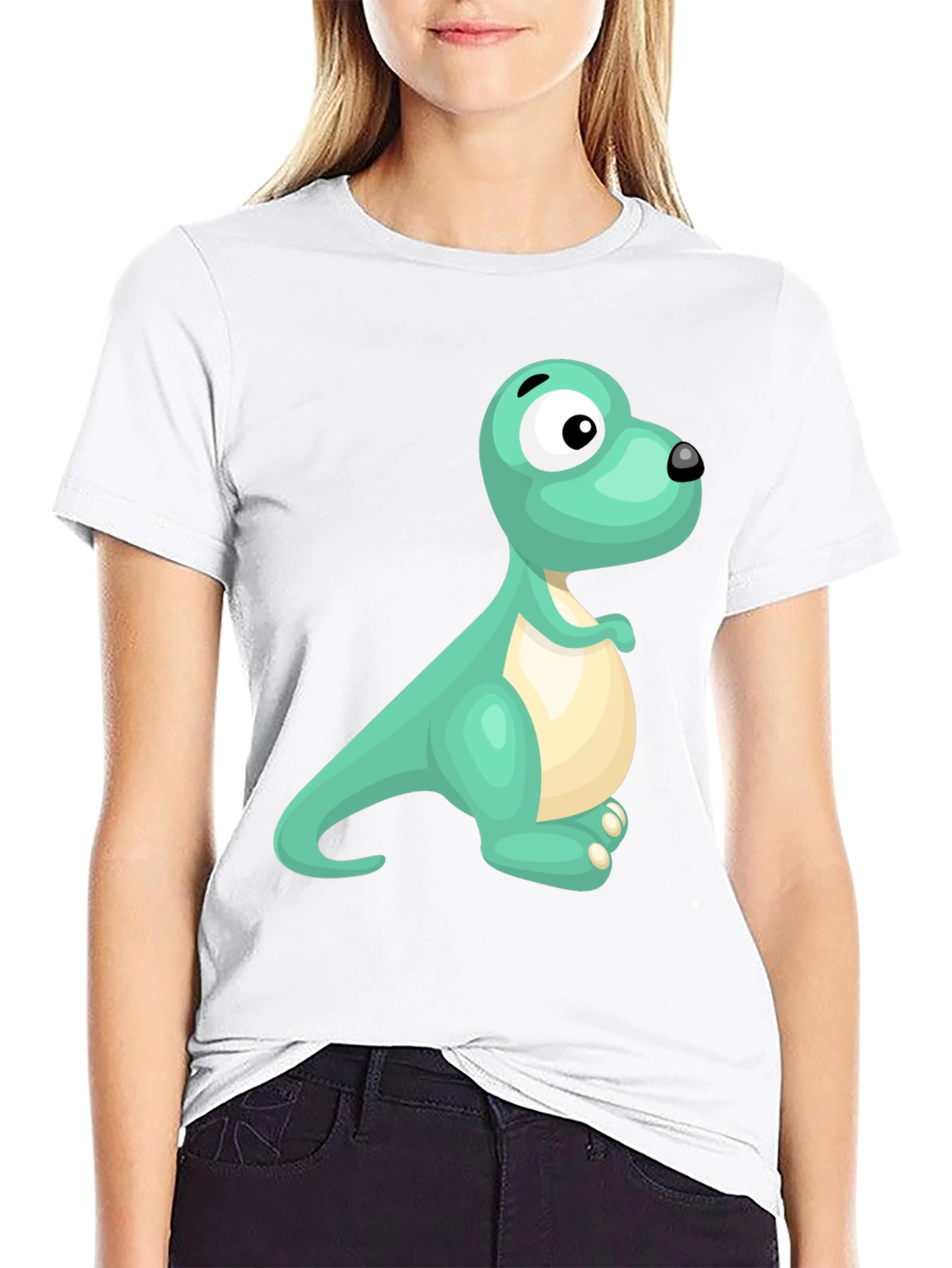 Cute Cartoon Dinosaur Graphic Tee - Black