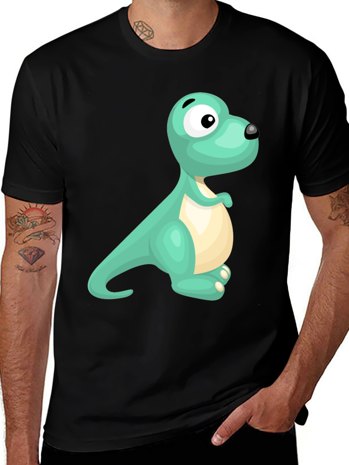 Cute Cartoon Dinosaur Graphic Tee - Black