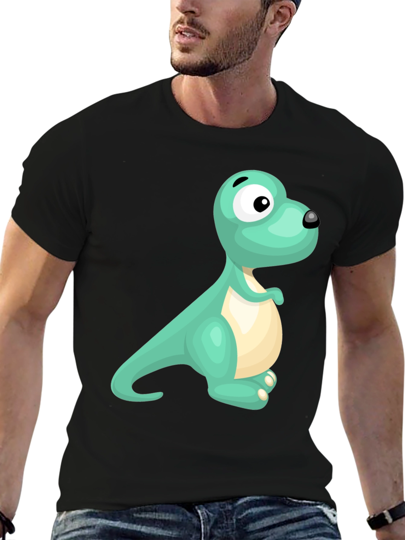Cute Cartoon Dinosaur Graphic Tee - Black