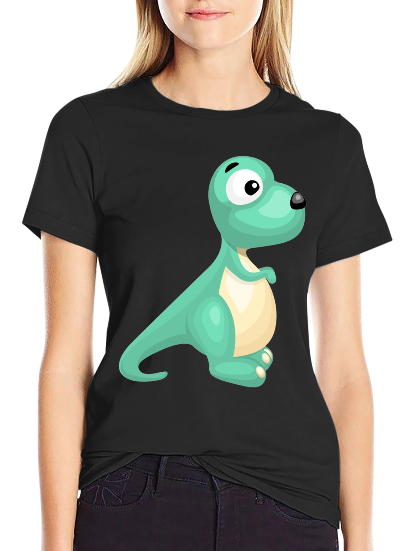 Cute Cartoon Dinosaur Graphic Tee - Black