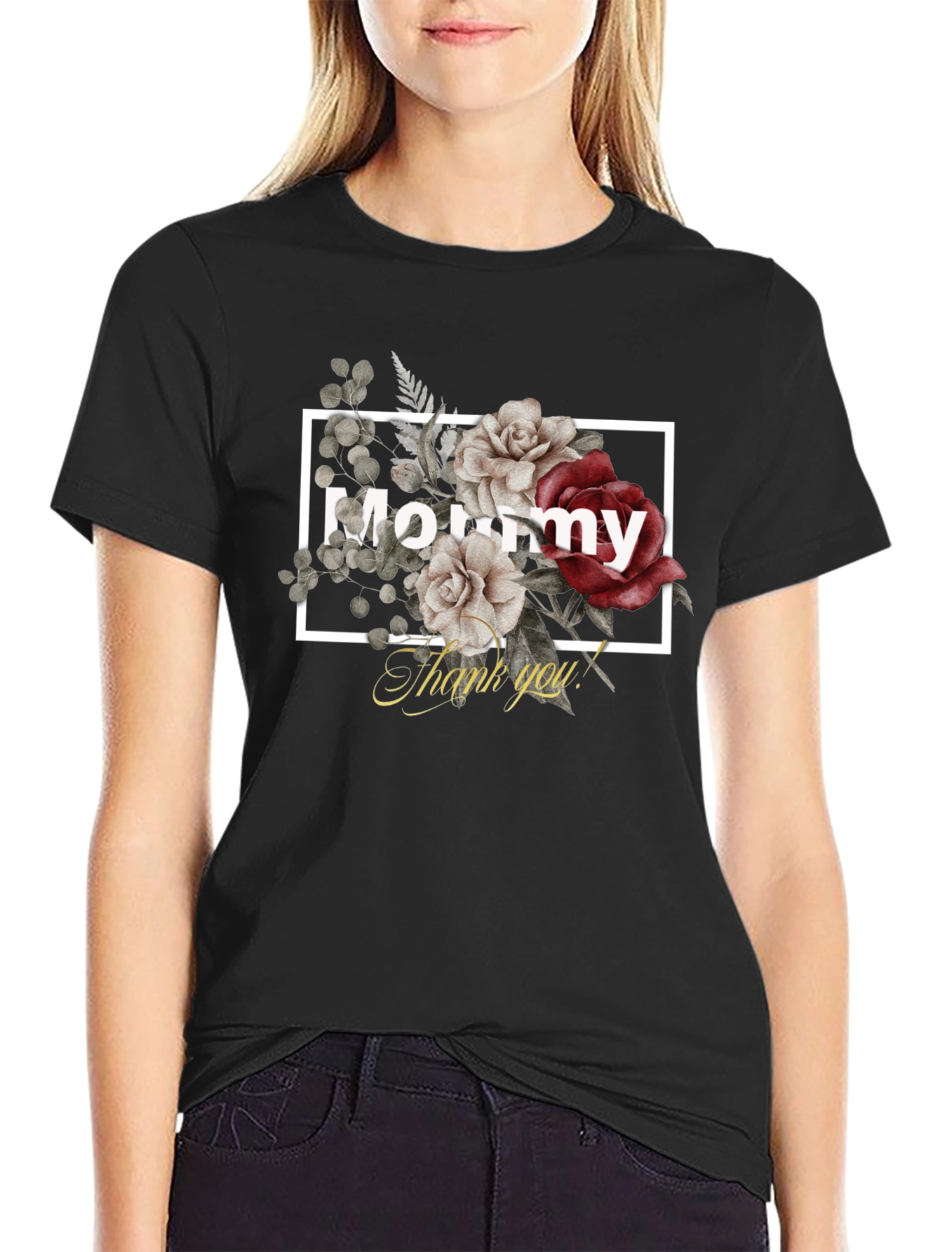 Mommy Floral Graphic Black T-Shirt