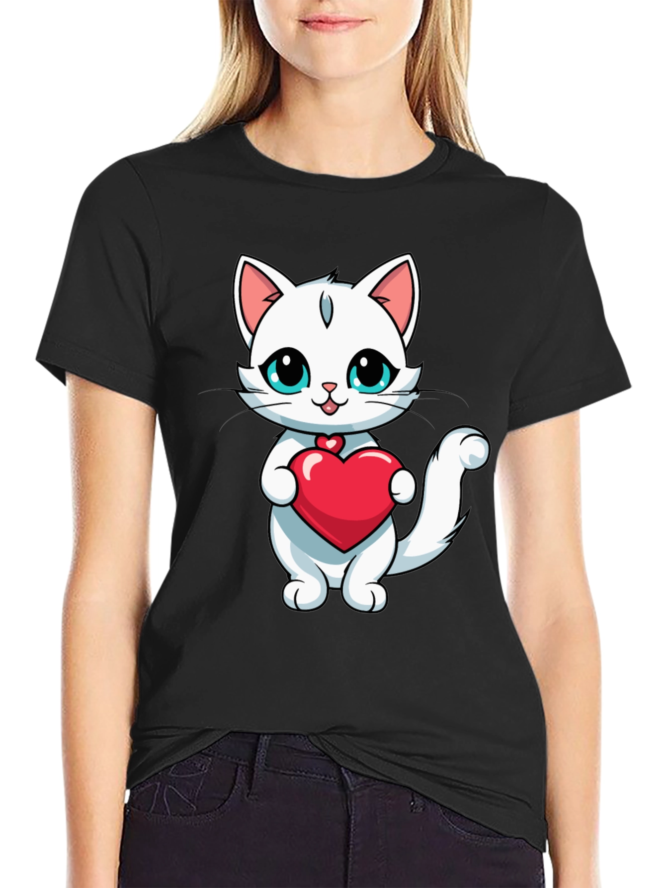 Cute Cat Heart T-Shirt - Black