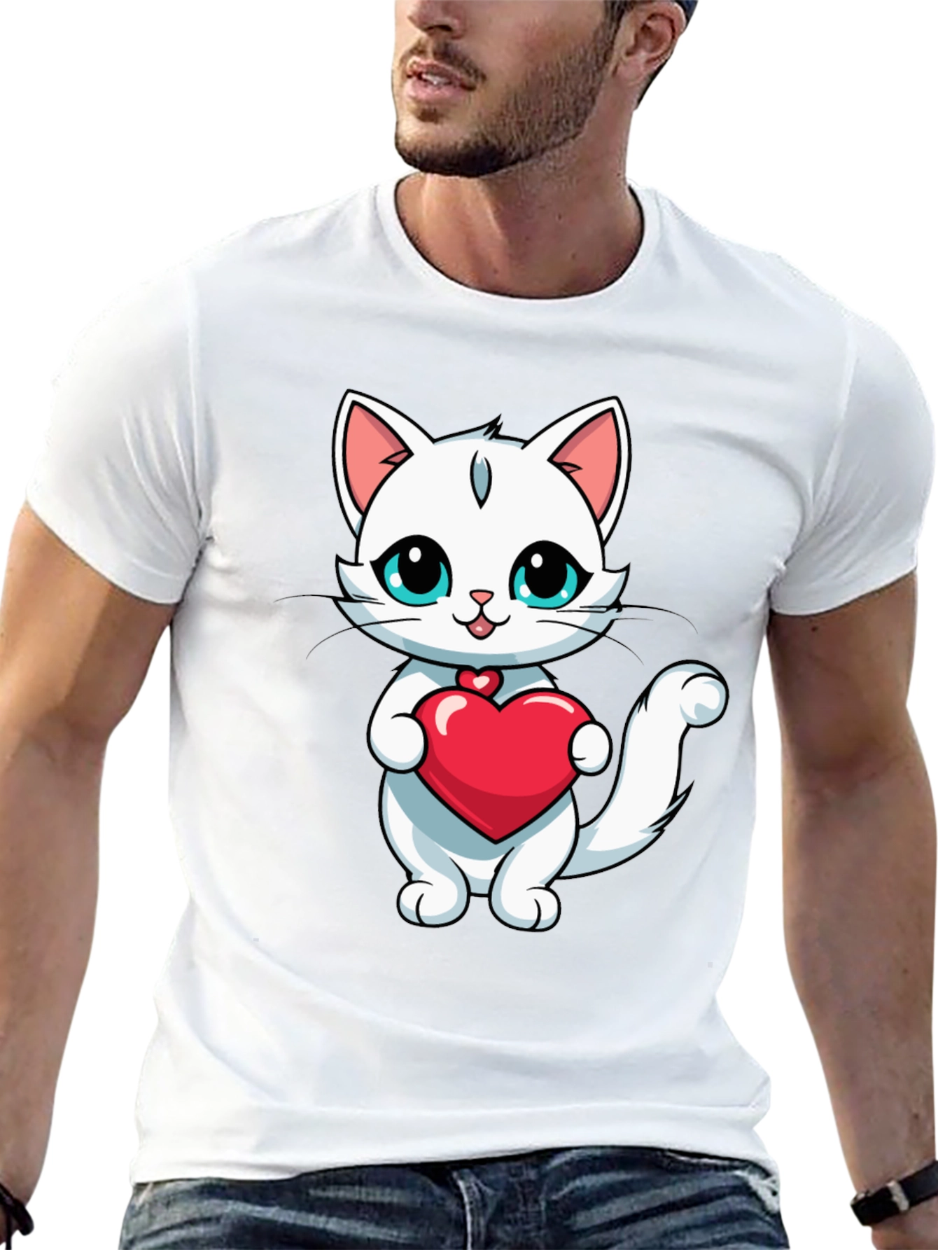 Cute Cat Heart T-Shirt - Black