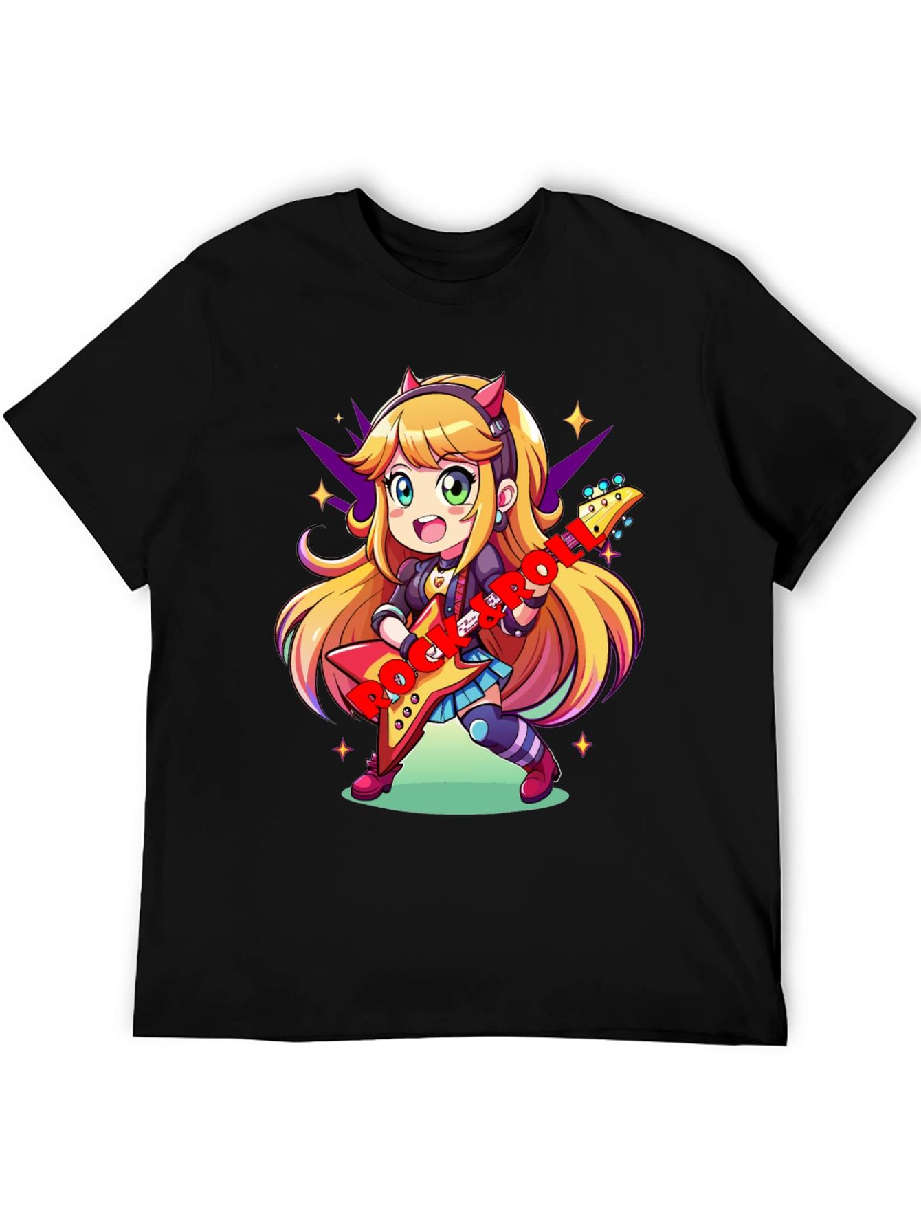 Anime Girl Guitarist Black T-Shirt