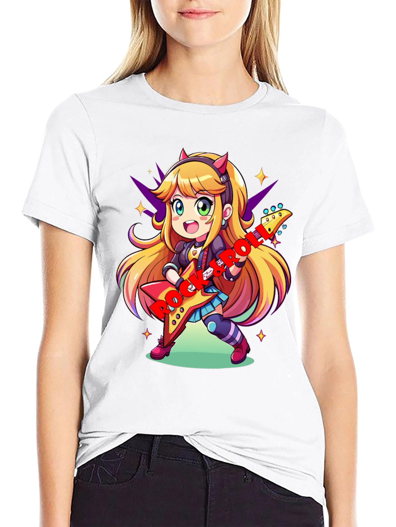 Anime Girl Guitarist Black T-Shirt