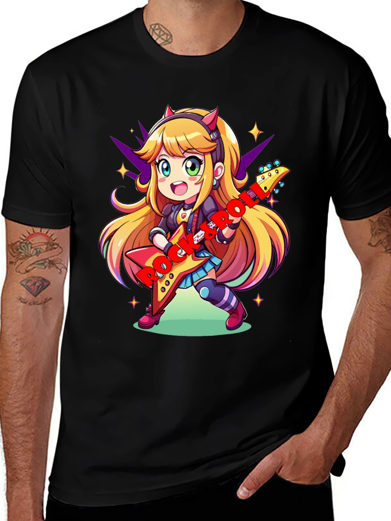 Anime Girl Guitarist Black T-Shirt
