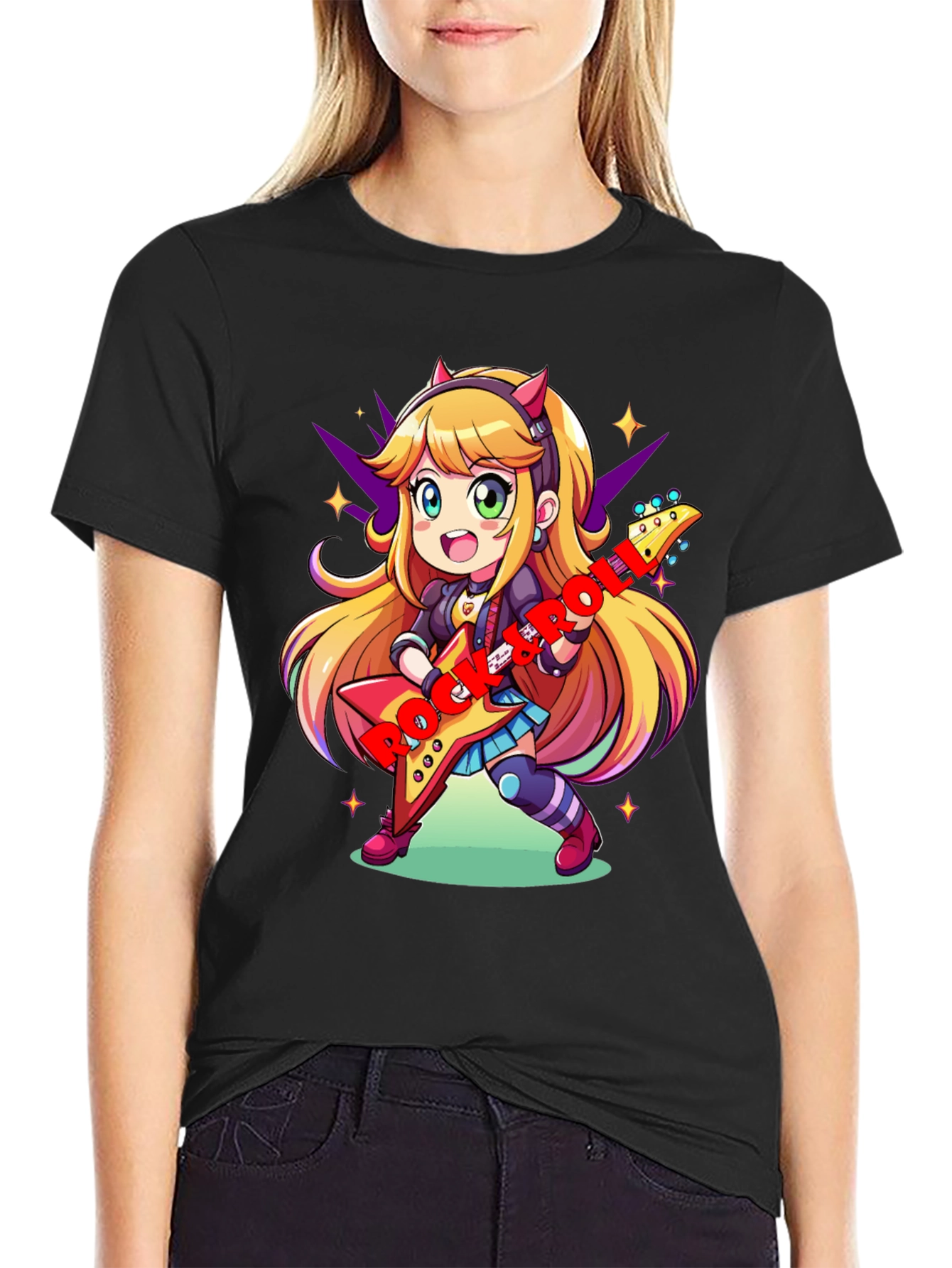Anime Girl Guitarist Black T-Shirt