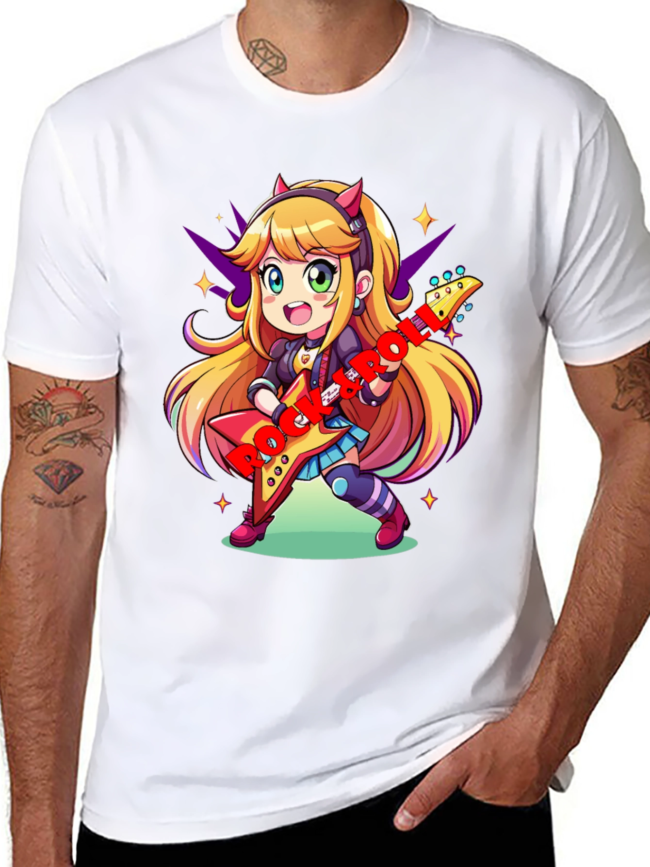 Anime Girl Guitarist Black T-Shirt