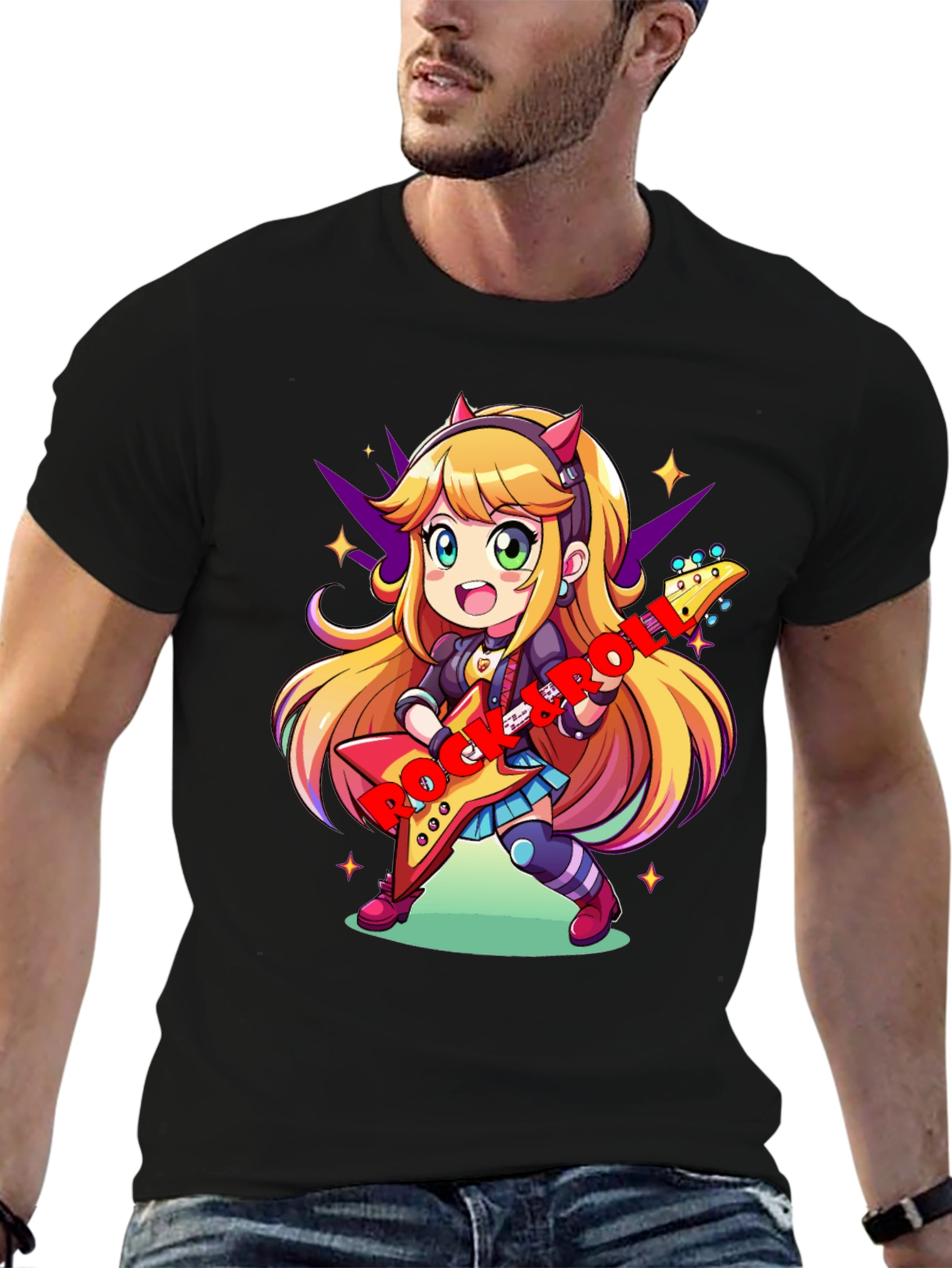 Anime Girl Guitarist Black T-Shirt