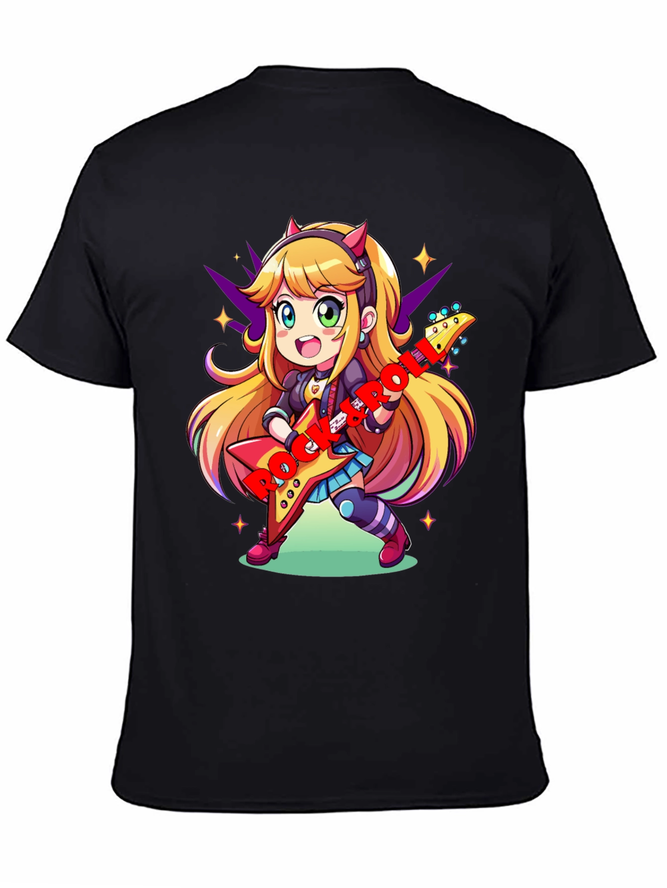 Anime Girl Guitarist Black T-Shirt