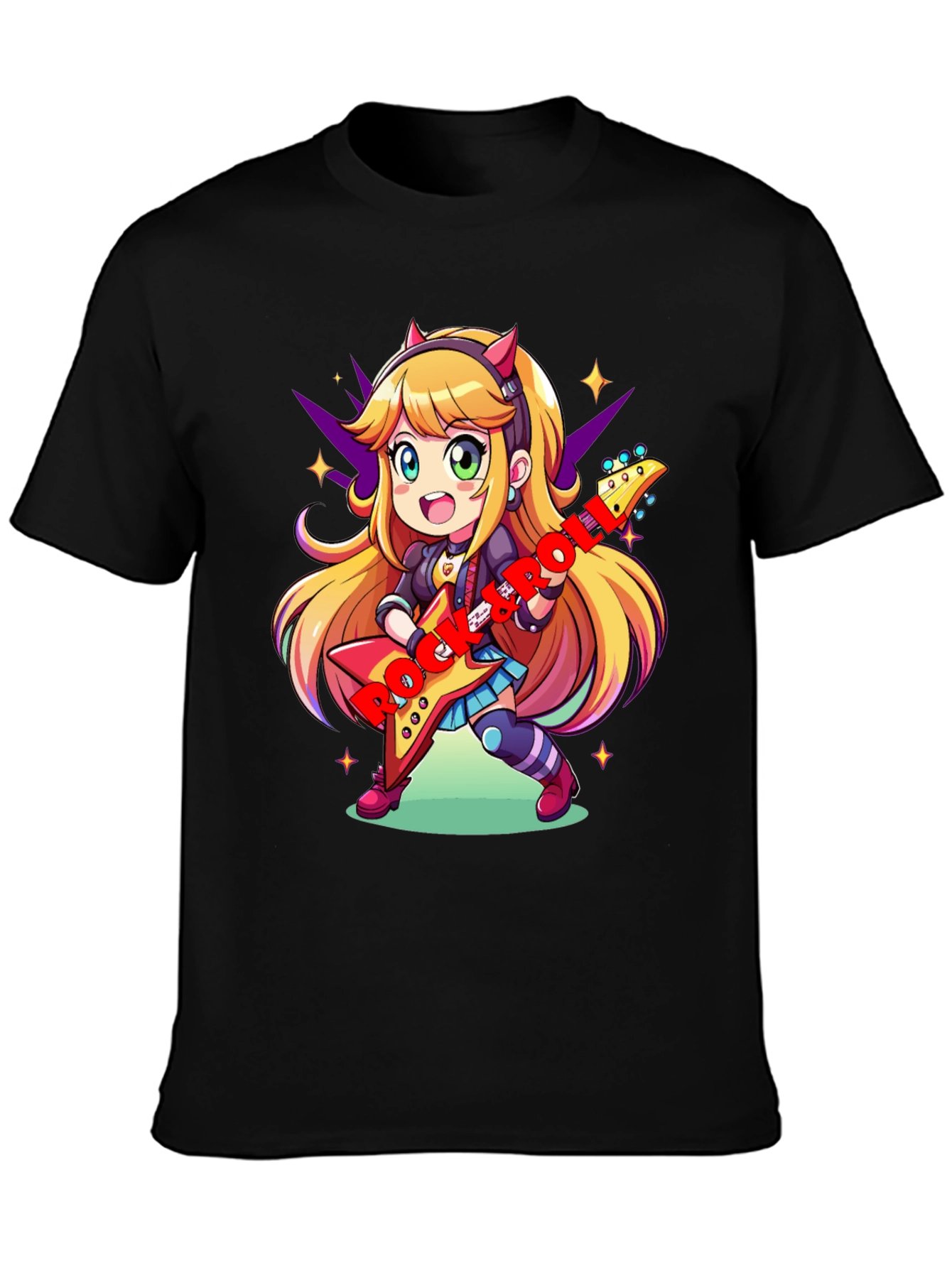 Anime Girl Guitarist Black T-Shirt