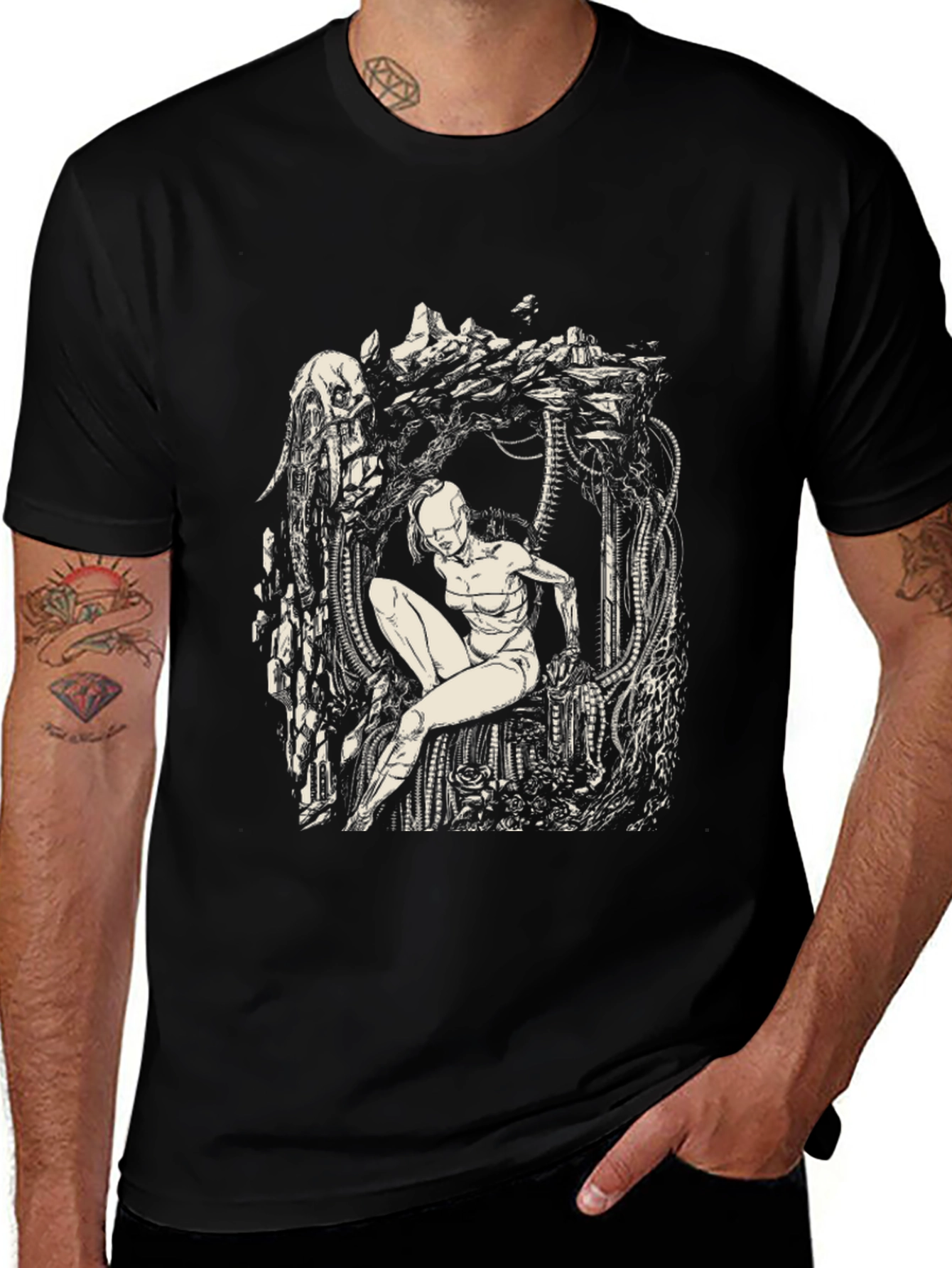 Cyberpunk Figure Graphic Print Black T-Shirt