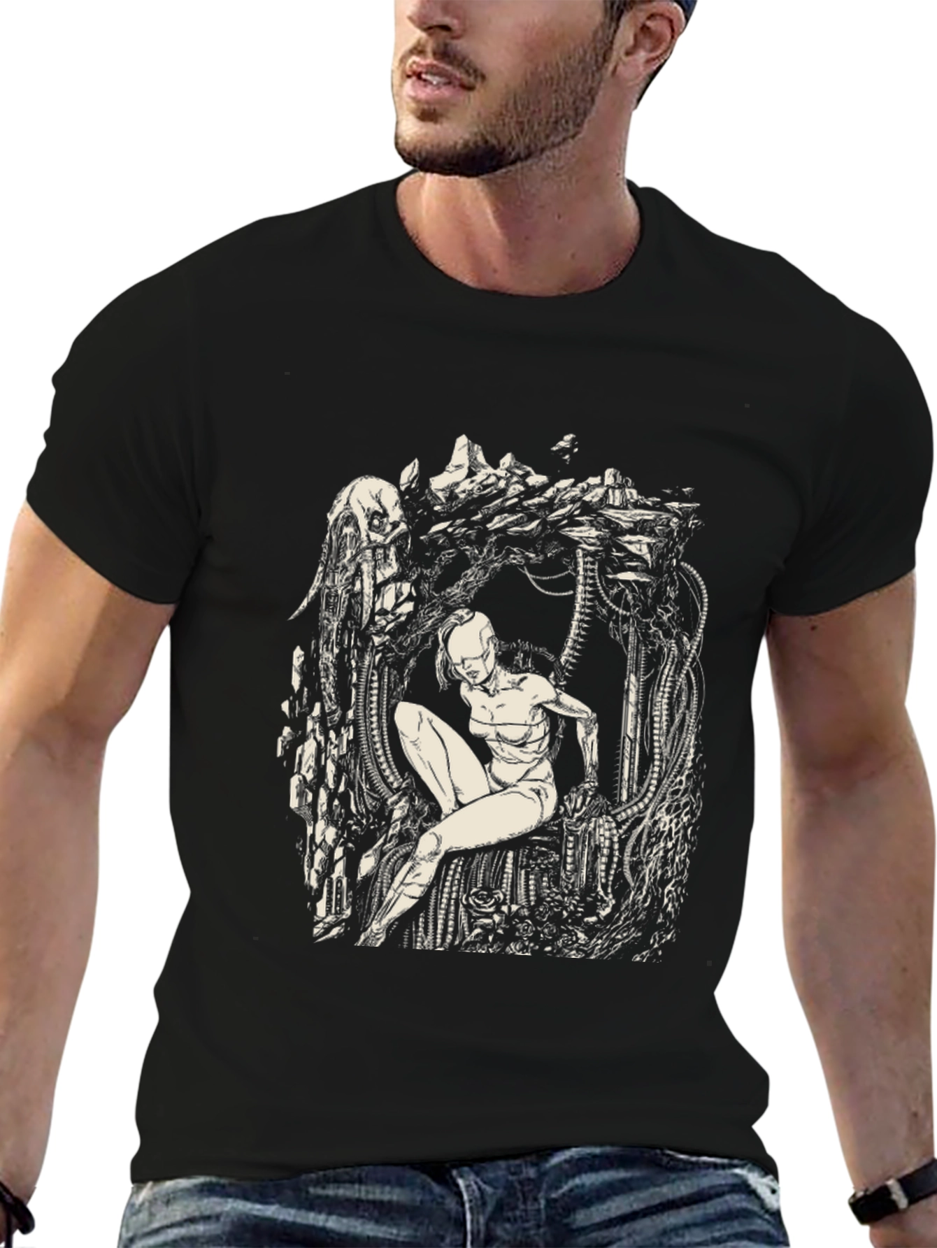 Cyberpunk Figure Graphic Print Black T-Shirt
