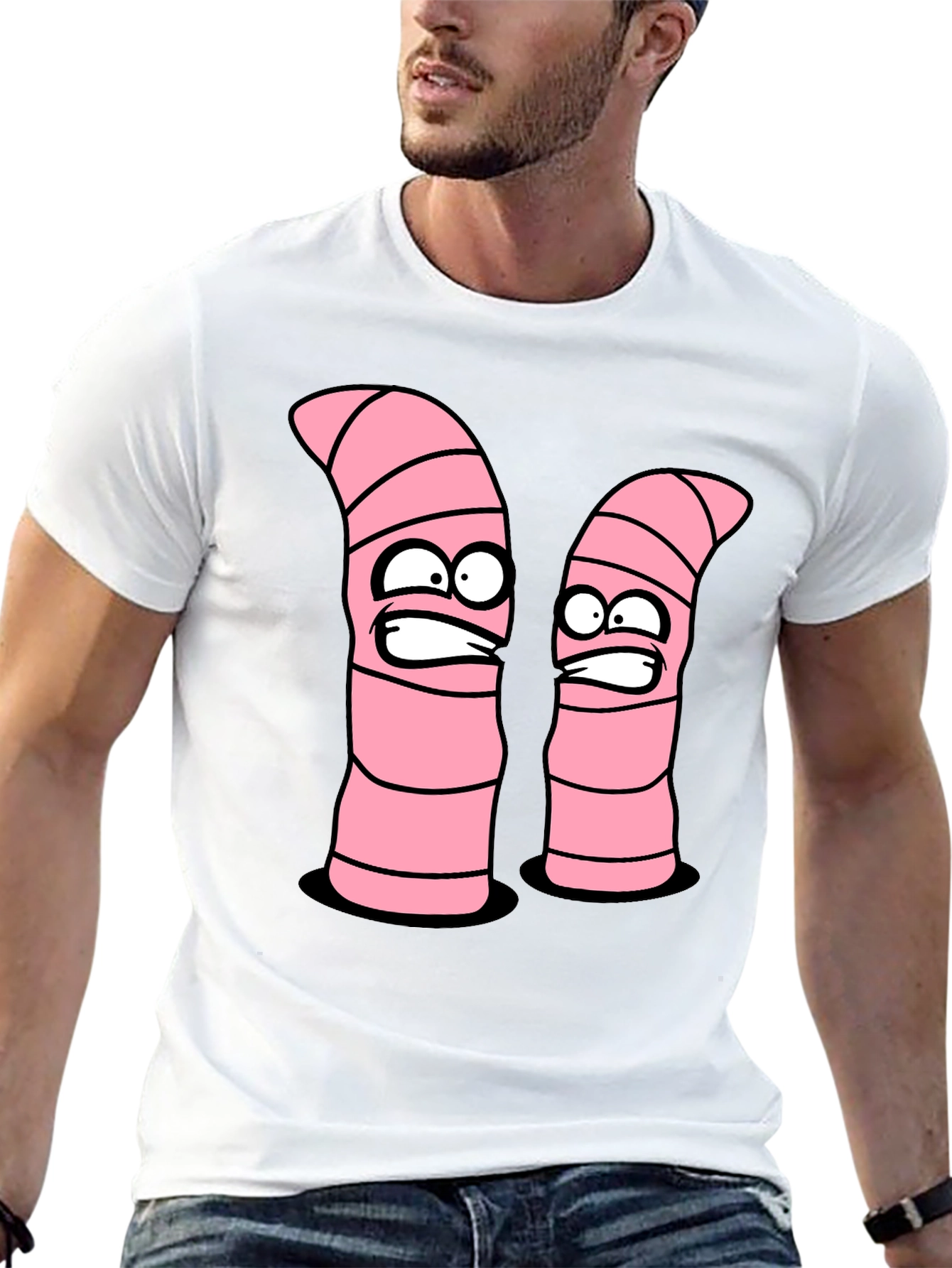 Cartoon Worms Graphic Tee - Black Cotton T-Shirt
