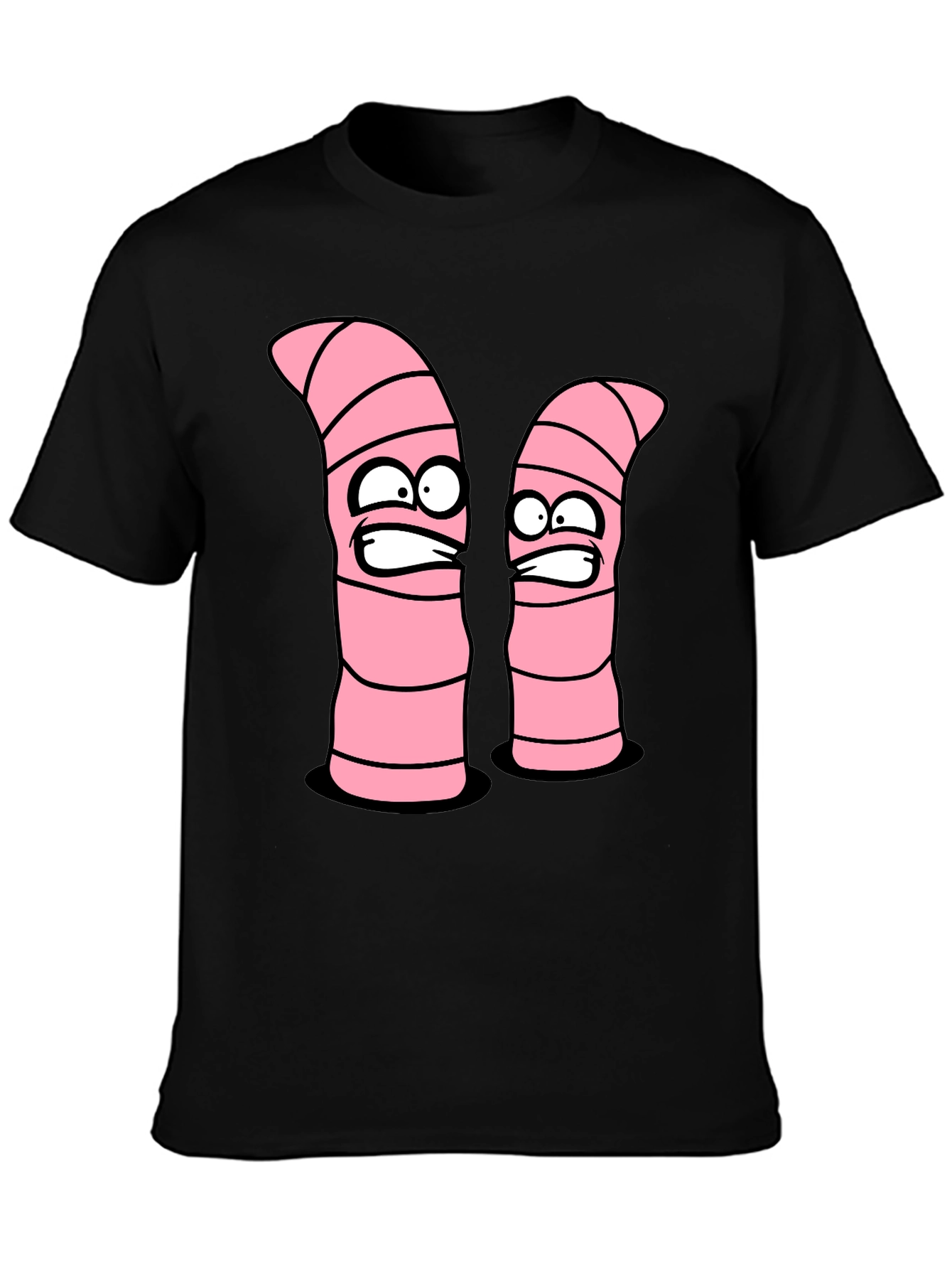 Cartoon Worms Graphic Tee - Black Cotton T-Shirt