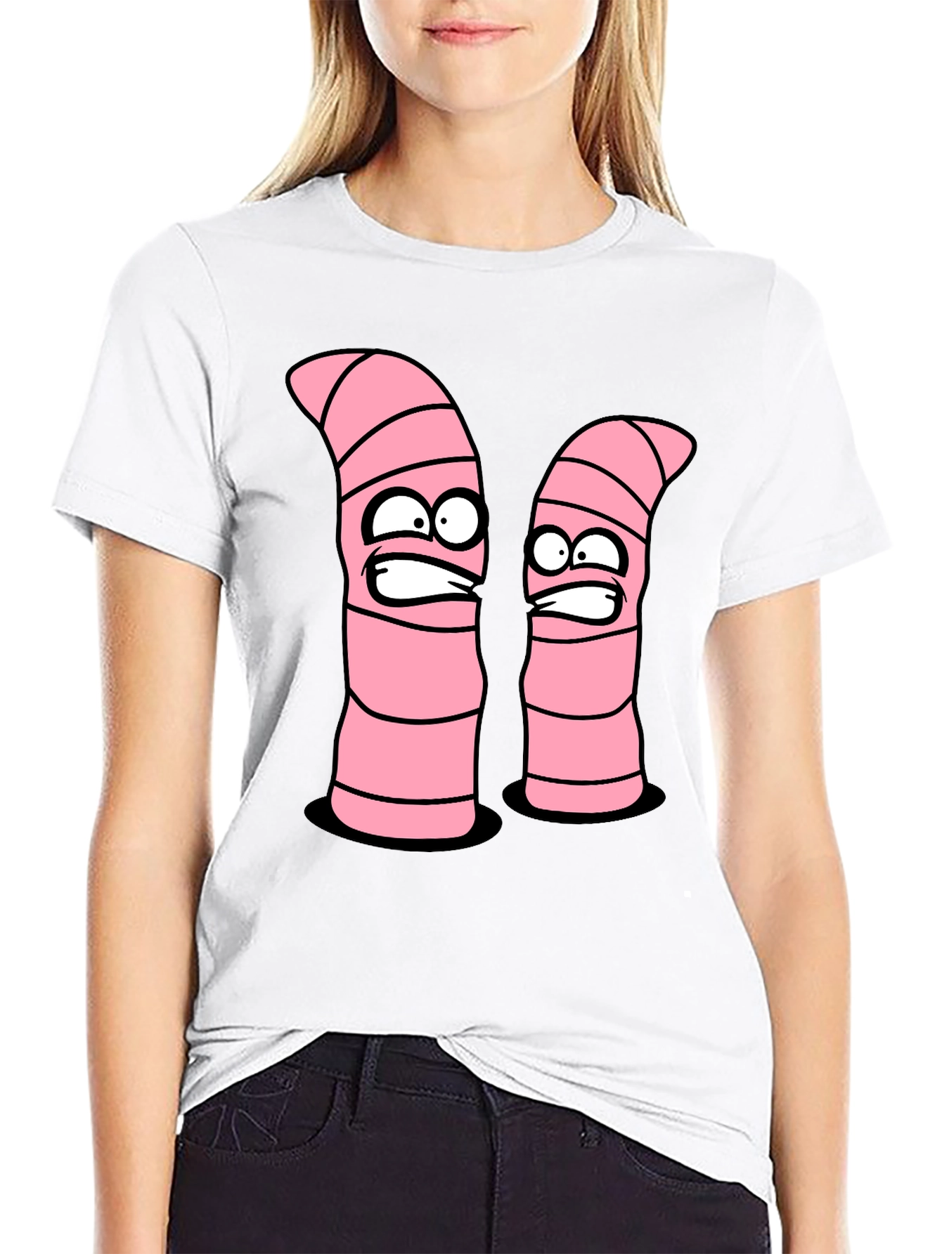 Cartoon Worms Graphic Tee - Black Cotton T-Shirt