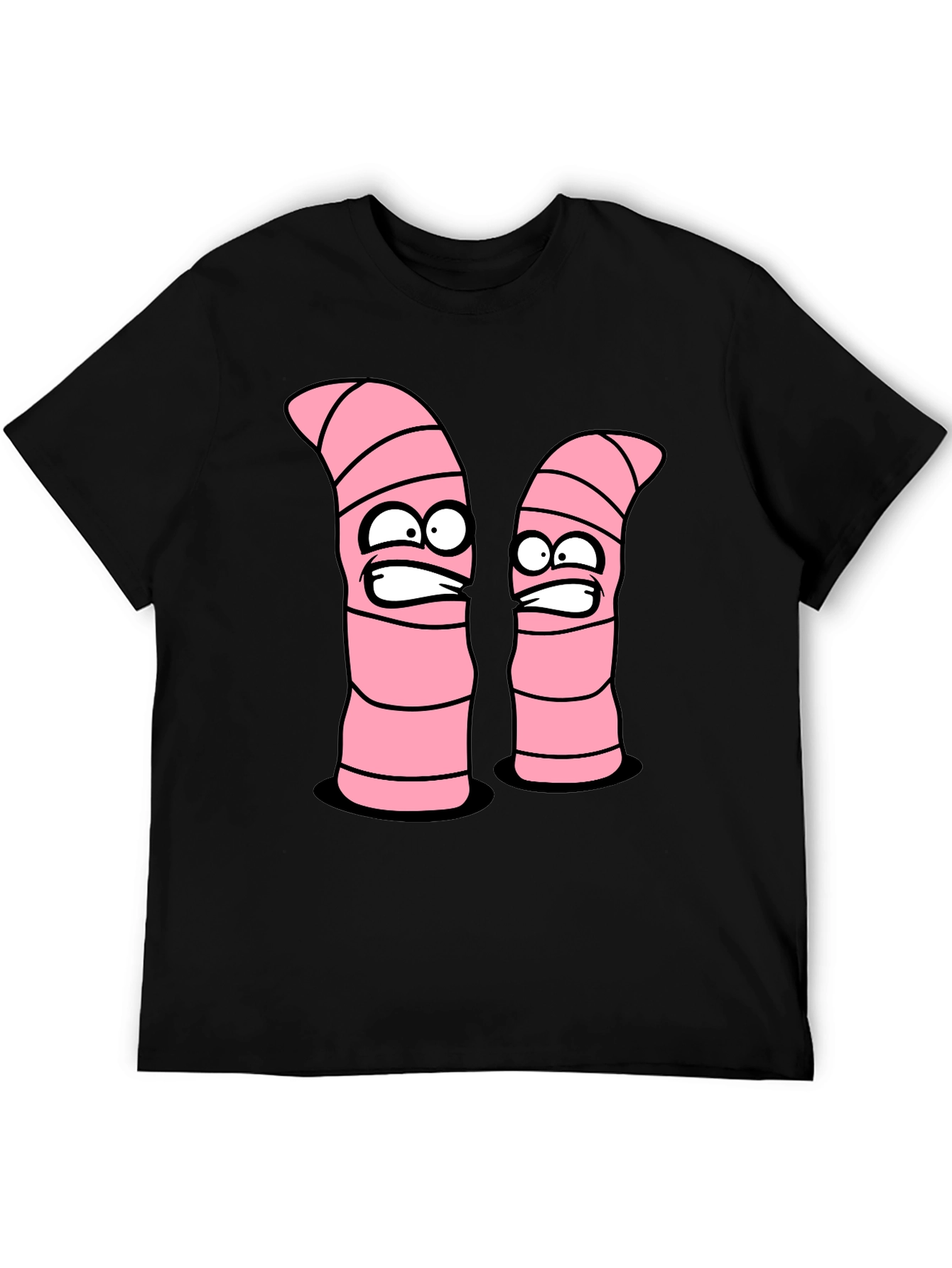 Cartoon Worms Graphic Tee - Black Cotton T-Shirt