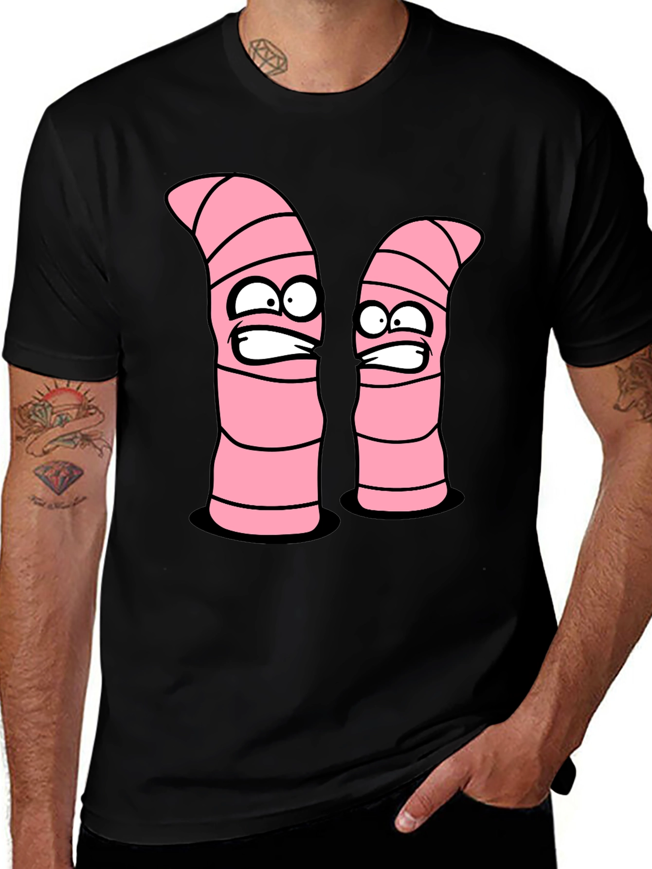 Cartoon Worms Graphic Tee - Black Cotton T-Shirt