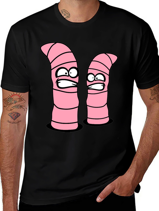 Cartoon Worms Graphic Tee - Black Cotton T-Shirt