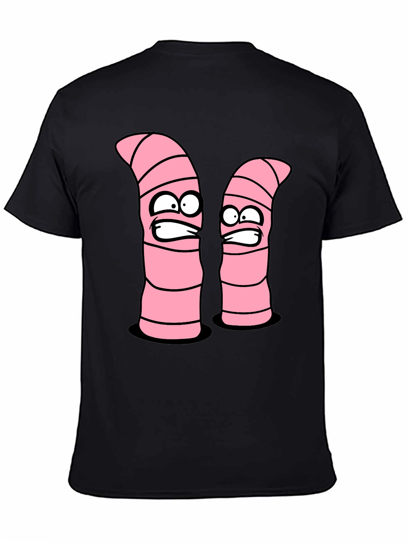 Cartoon Worms Graphic Tee - Black Cotton T-Shirt