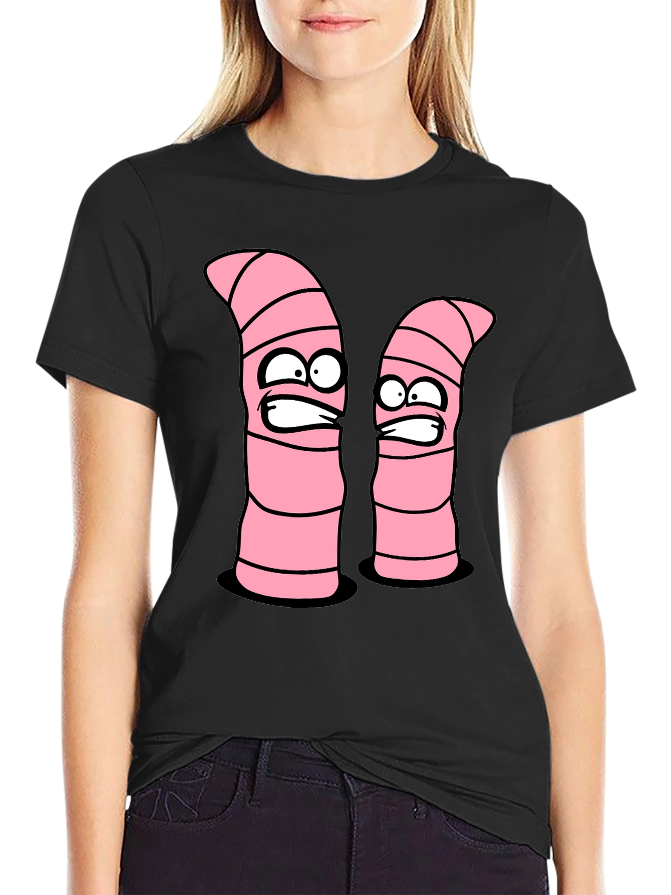 Cartoon Worms Graphic Tee - Black Cotton T-Shirt
