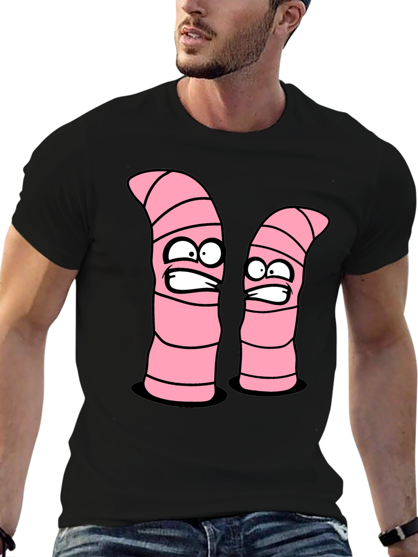 Cartoon Worms Graphic Tee - Black Cotton T-Shirt