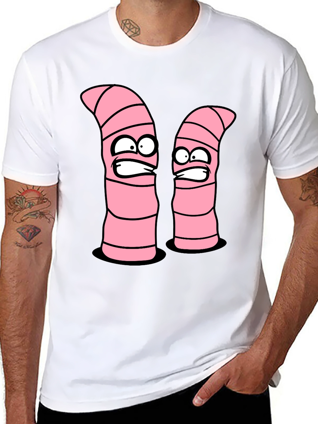 Cartoon Worms Graphic Tee - Black Cotton T-Shirt