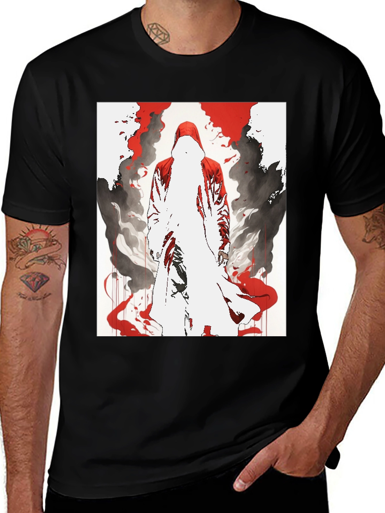 Red Hooded Figure Graphic Black T-Shirt