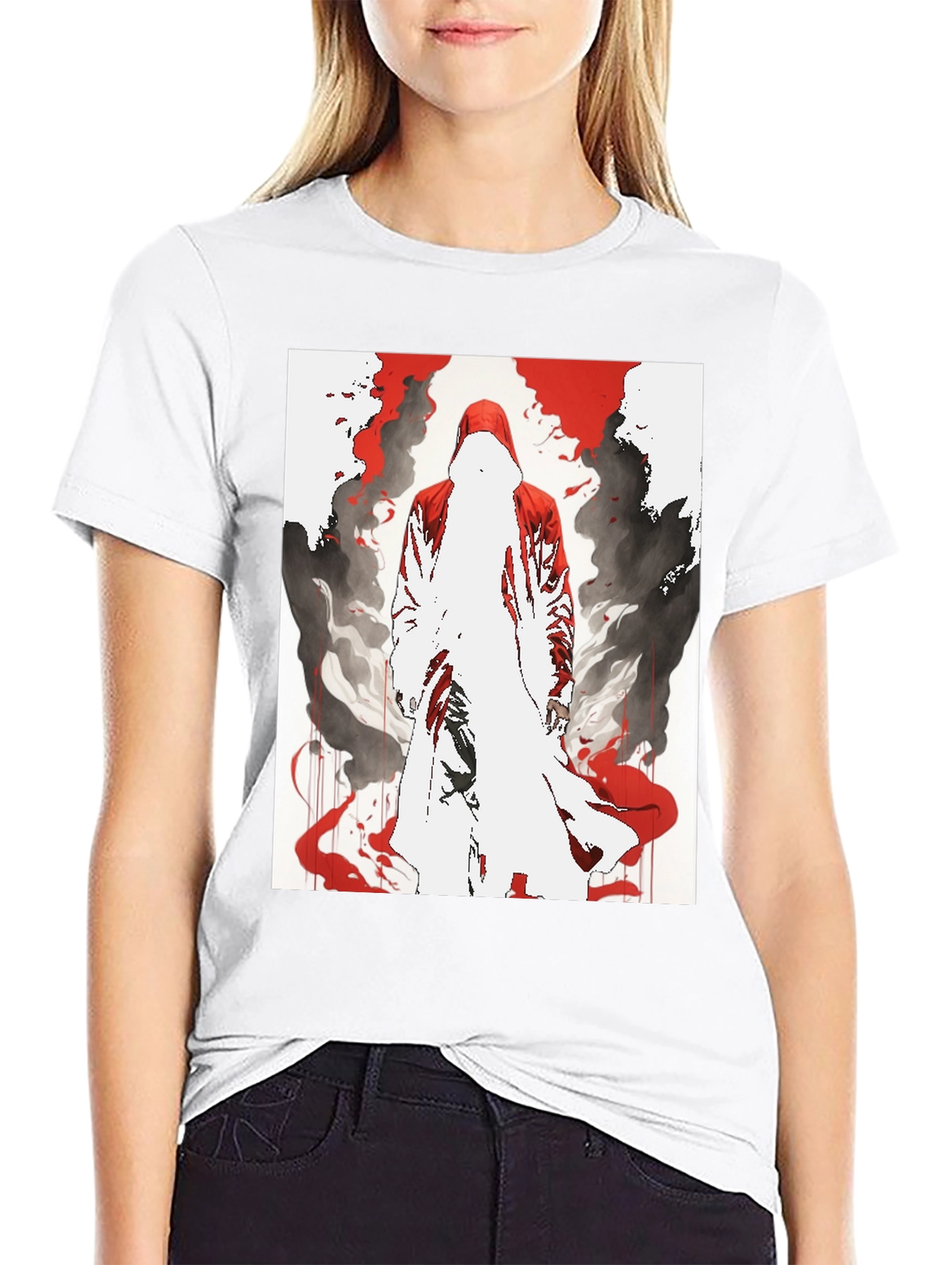 Red Hooded Figure Graphic Black T-Shirt