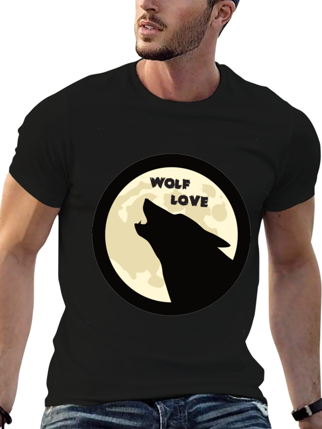 Wolf Love Moon Graphic T-Shirt - Black Crew Neck