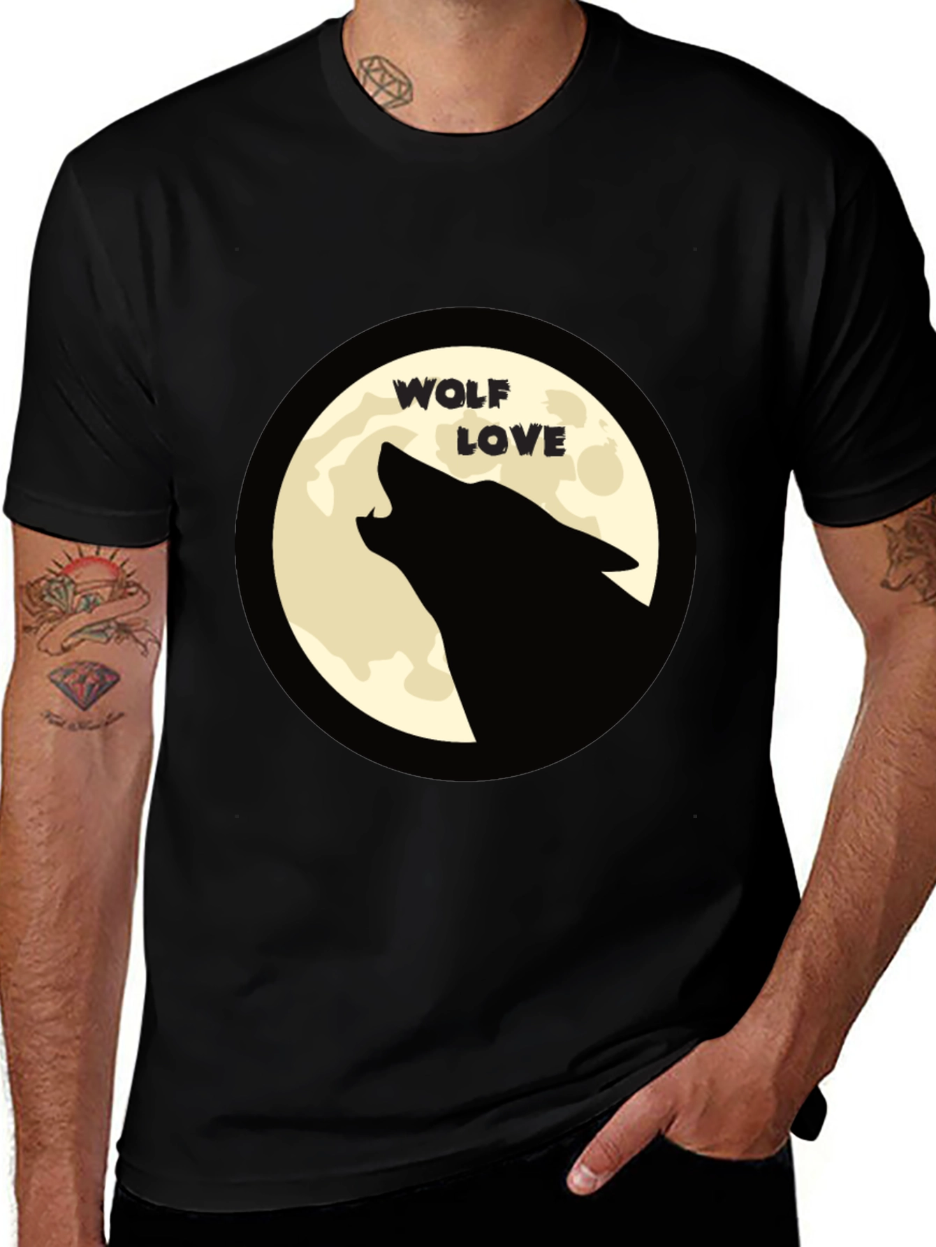 Wolf Love Moon Graphic T-Shirt - Black Crew Neck
