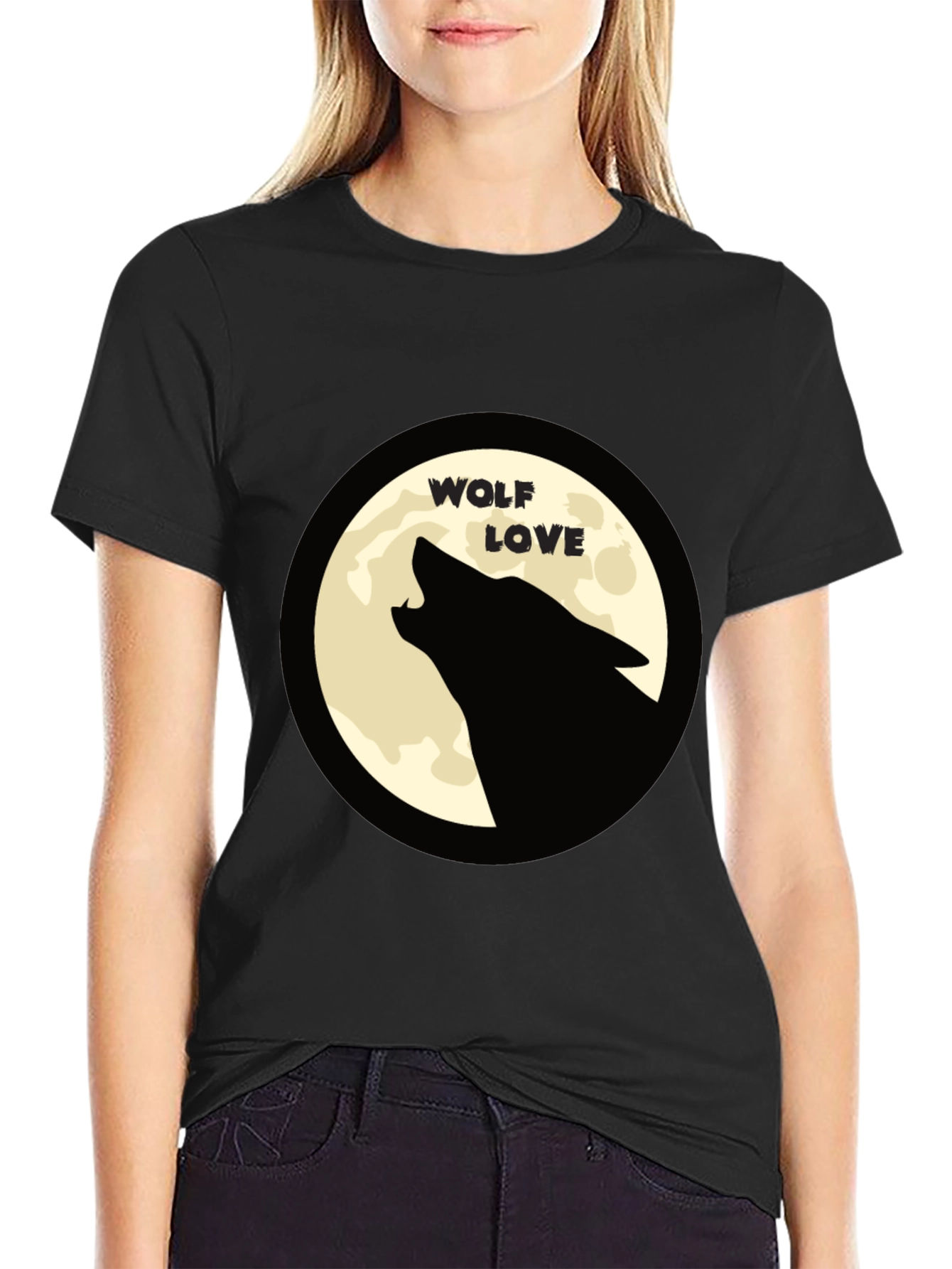 Wolf Love Moon Graphic T-Shirt - Black Crew Neck