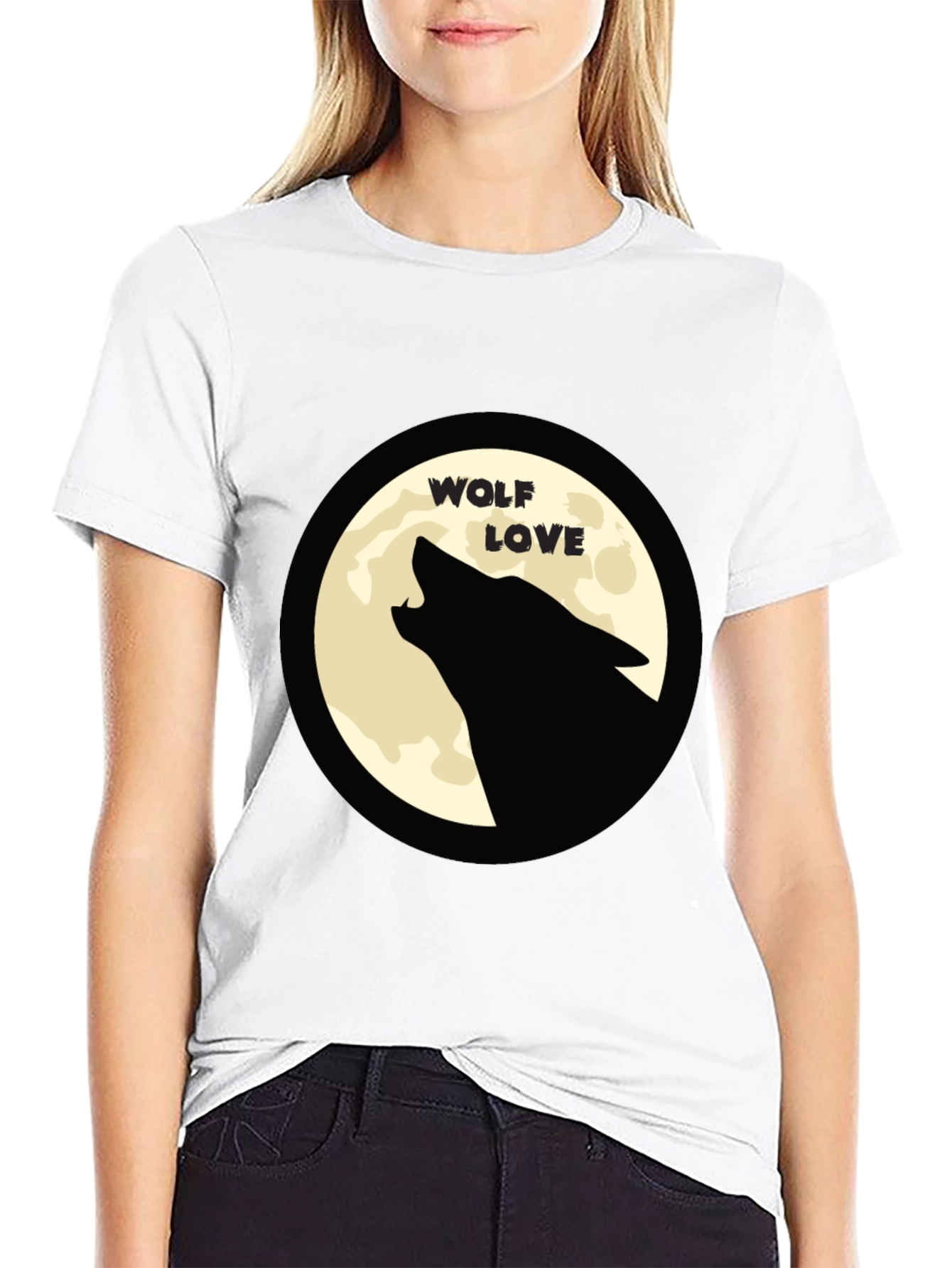 Wolf Love Moon Graphic T-Shirt - Black Crew Neck
