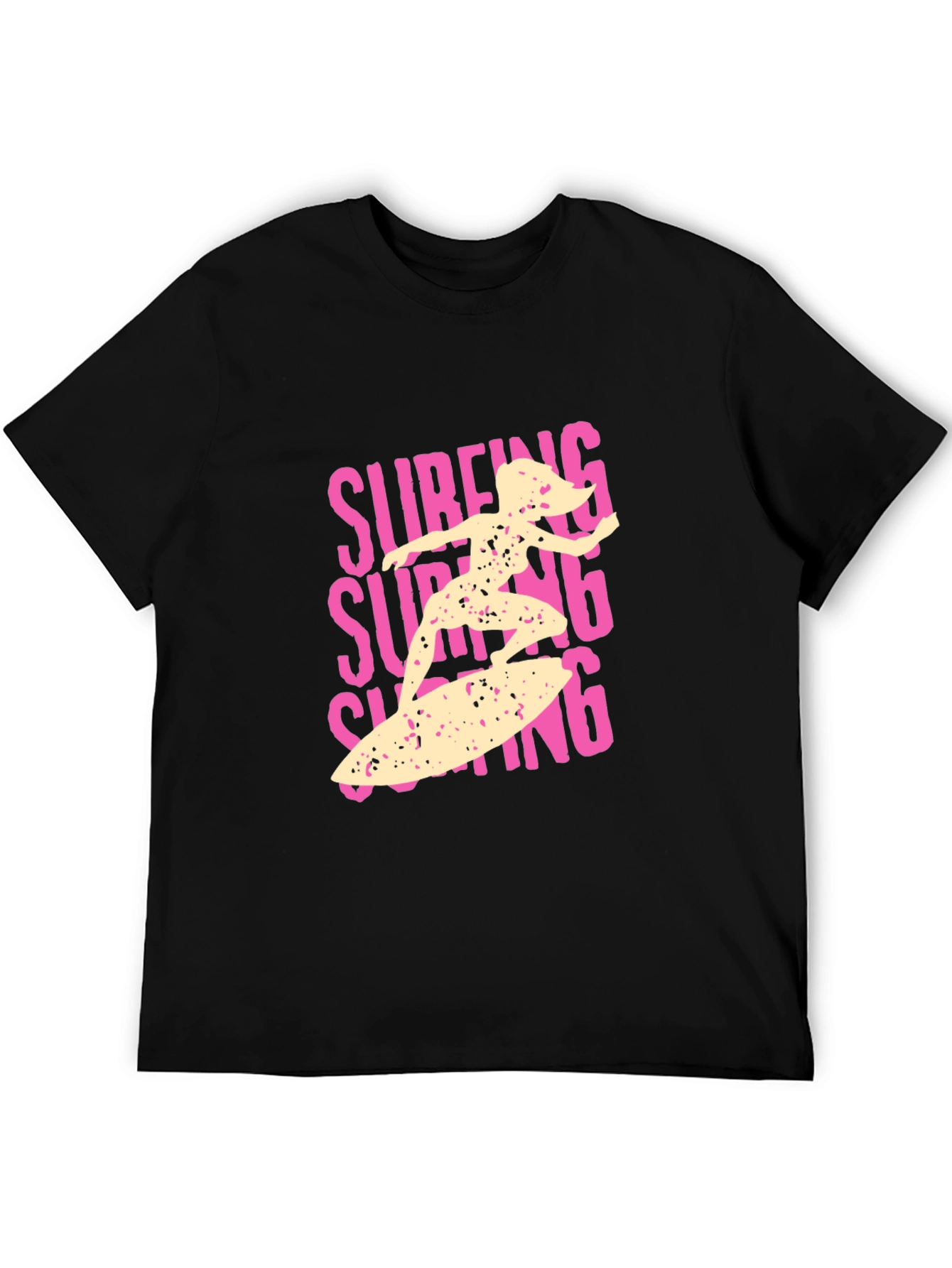 Surfing Girl Graphic Tee - Black Cotton Casual T-Shirt