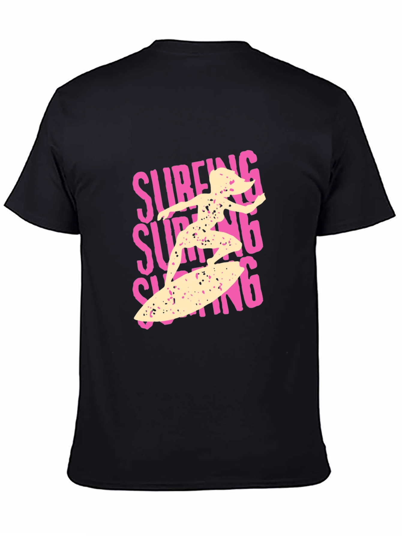 Surfing Girl Graphic Tee - Black Cotton Casual T-Shirt
