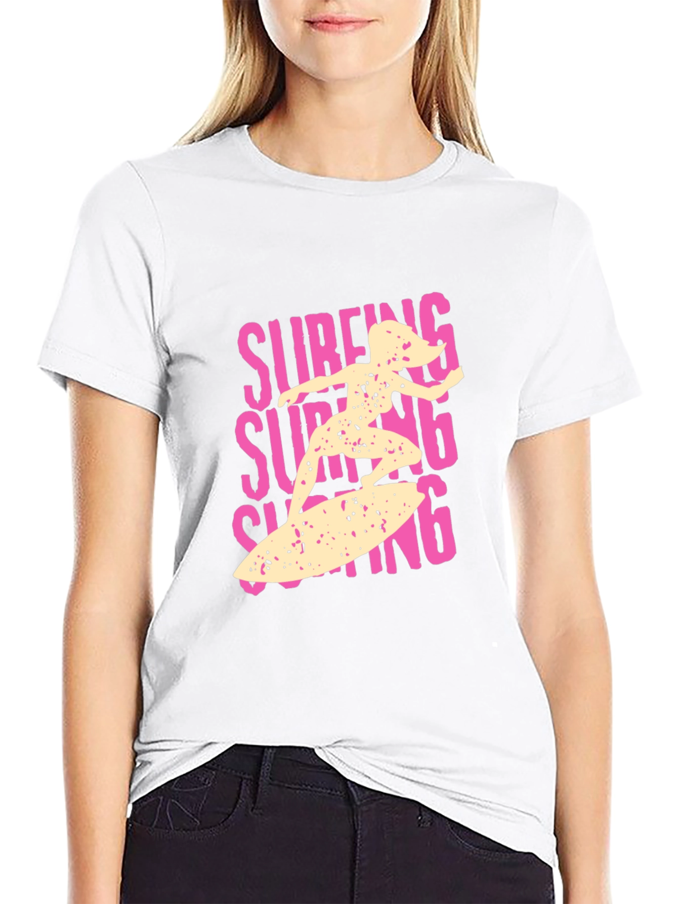Surfing Girl Graphic Tee - Black Cotton Casual T-Shirt