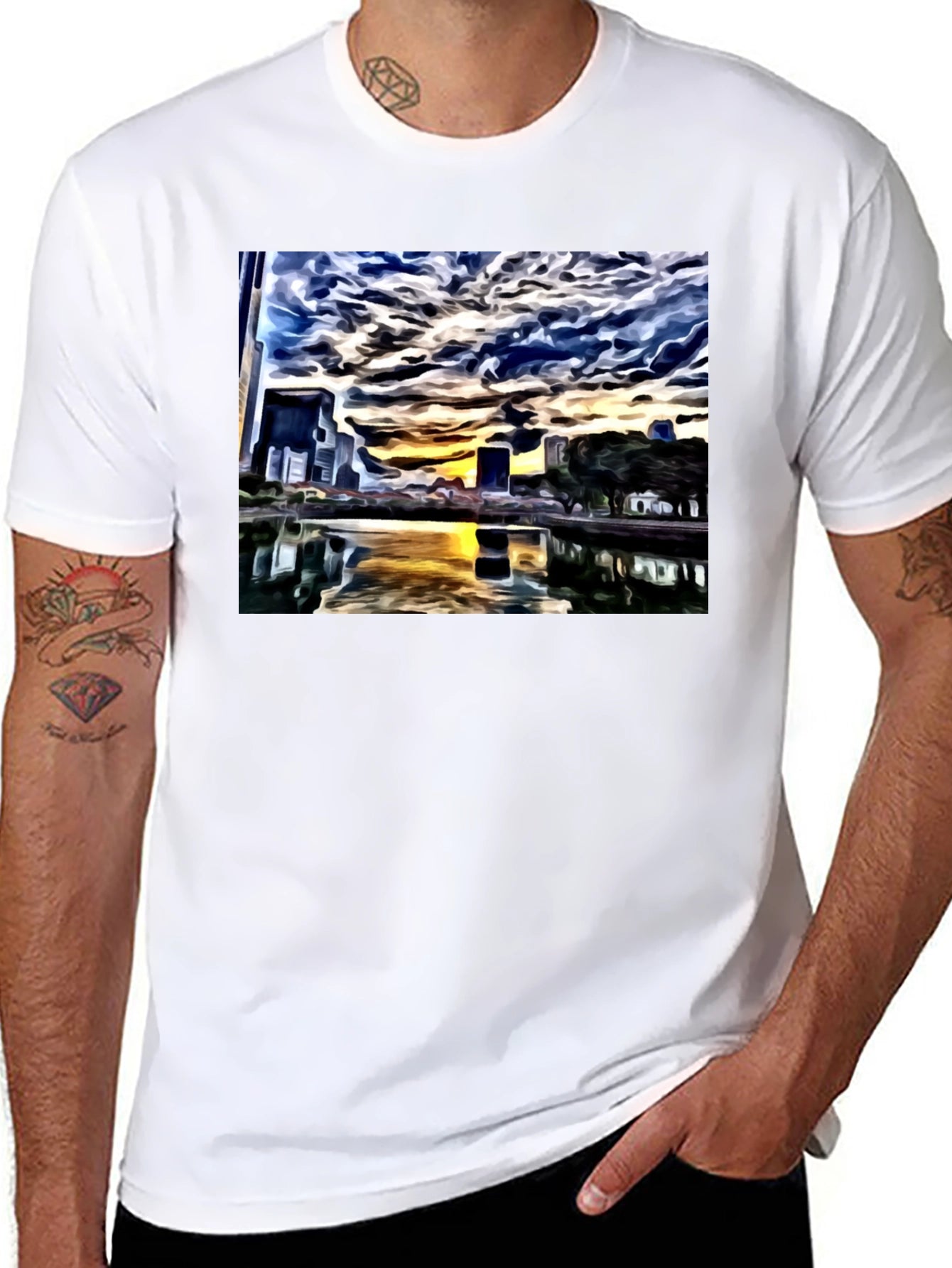 Cityscape Reflection Tee - Artistic Black T-Shirt