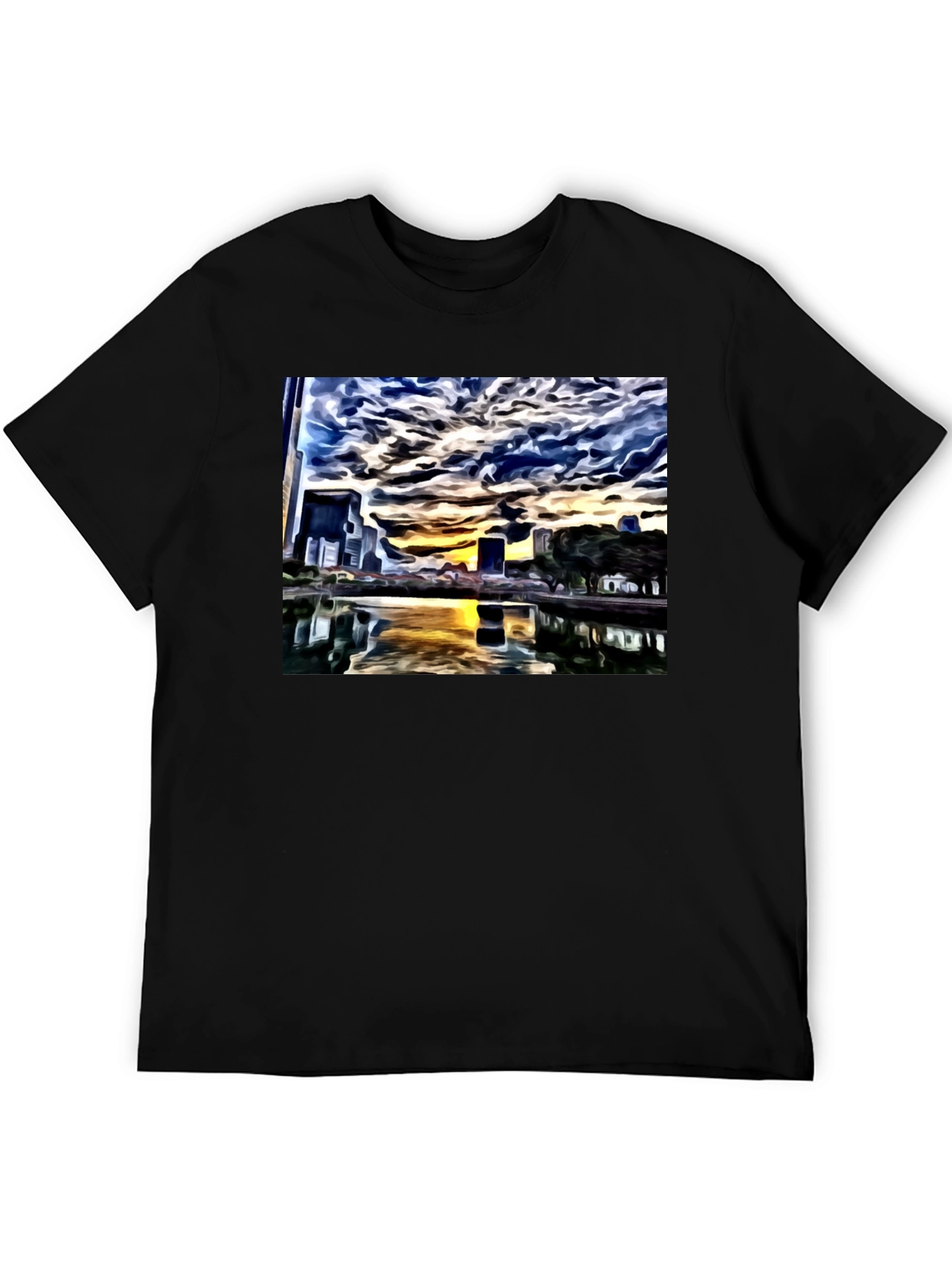 Cityscape Reflection Tee - Artistic Black T-Shirt