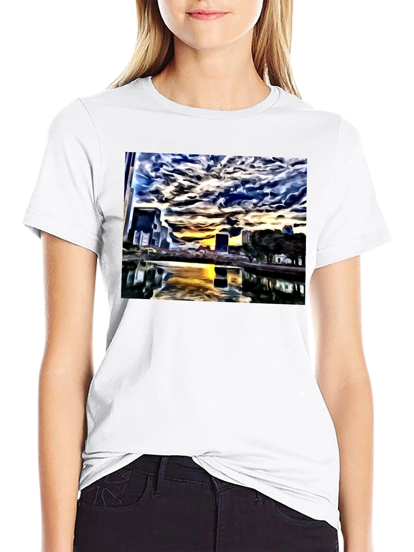 Cityscape Reflection Tee - Artistic Black T-Shirt