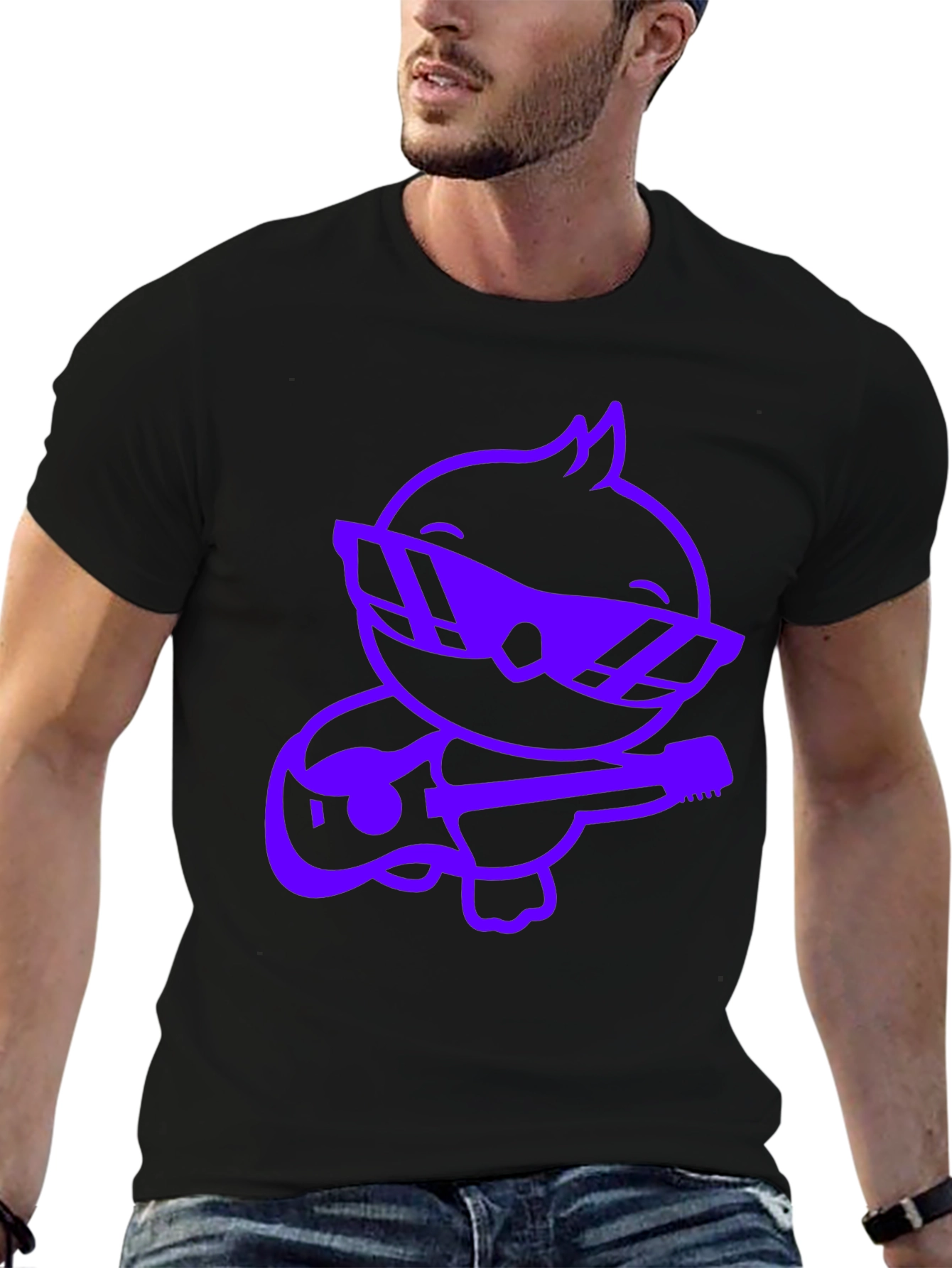 Cool Purple Cartoon Duck Guitarist Black T-Shirt