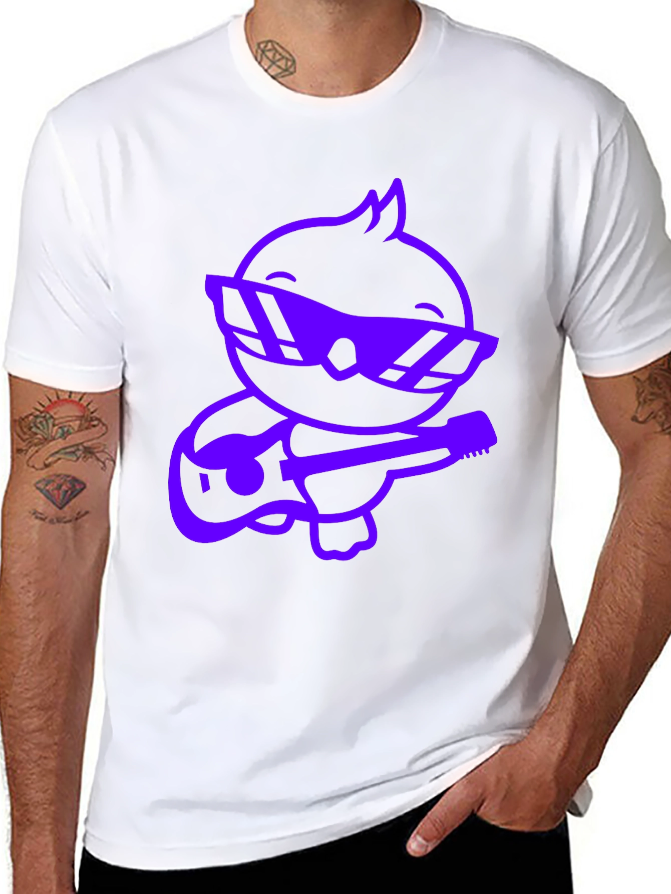 Cool Purple Cartoon Duck Guitarist Black T-Shirt