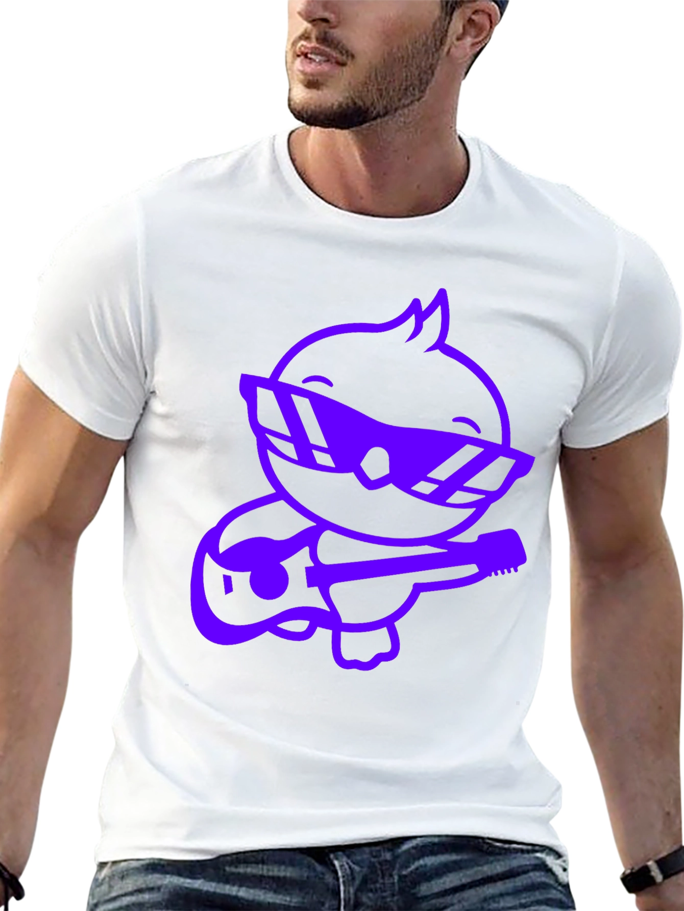 Cool Purple Cartoon Duck Guitarist Black T-Shirt