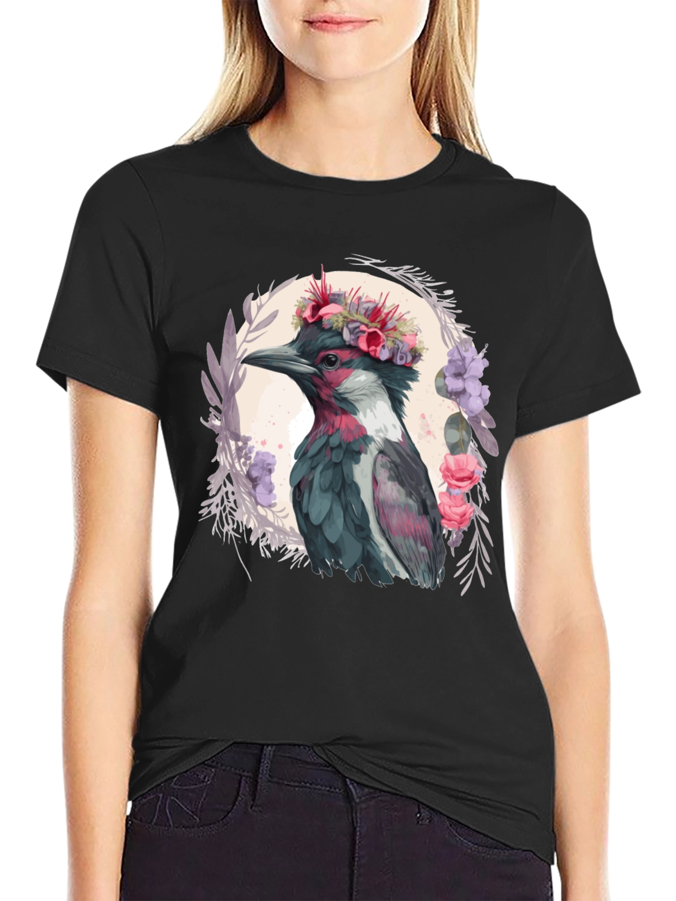 Floral Crowned Bird T-Shirt - Unique Graphic Tee