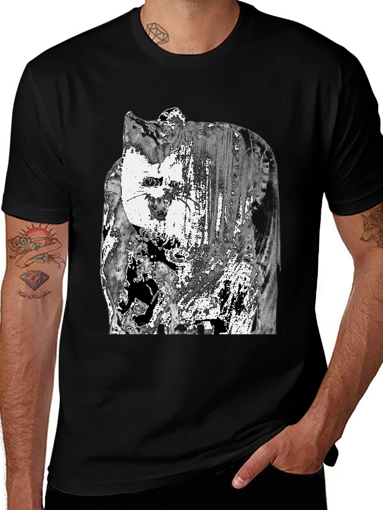 Abstract Cat Graphic T-Shirt - Black