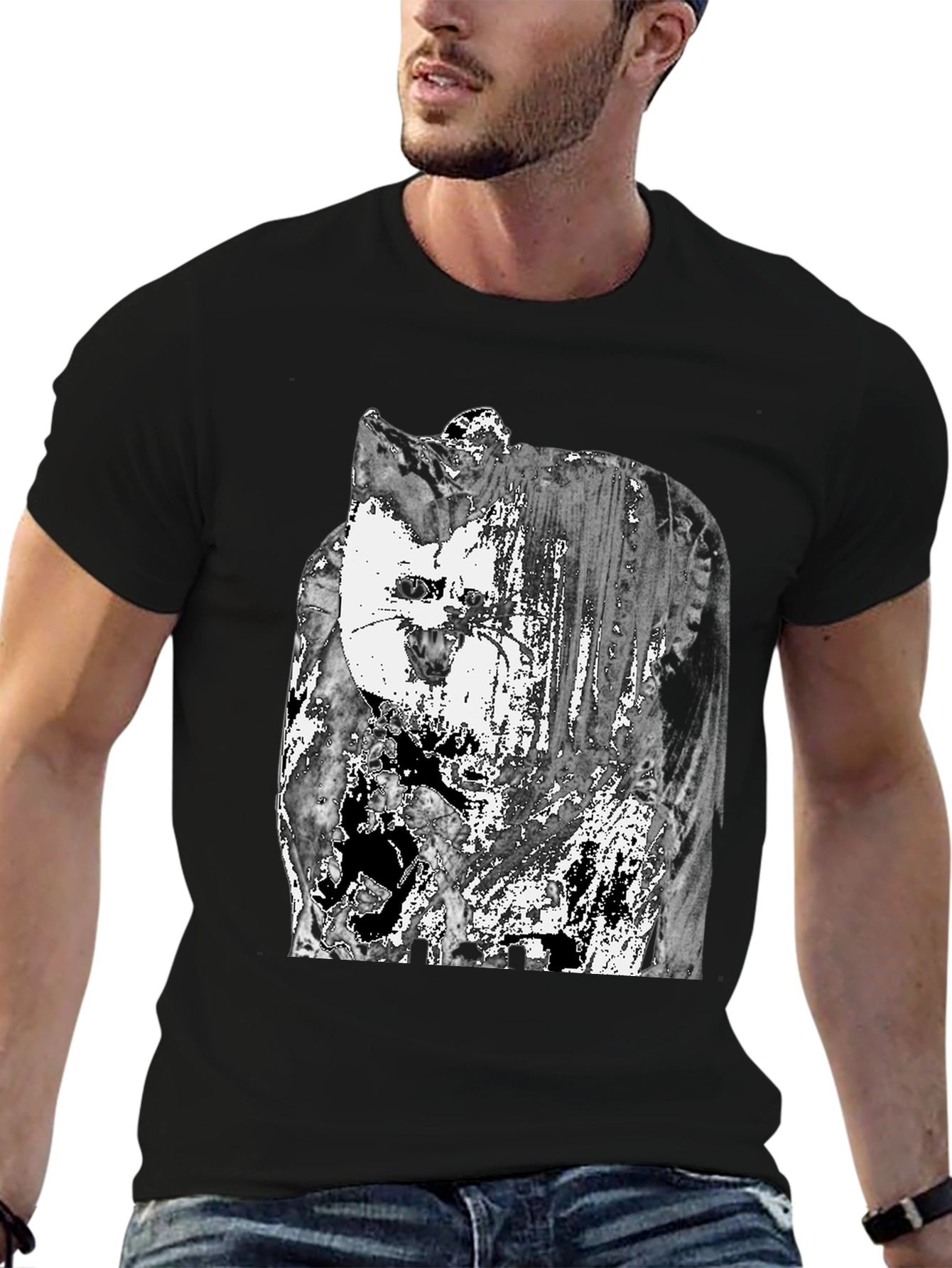 Abstract Cat Graphic T-Shirt - Black