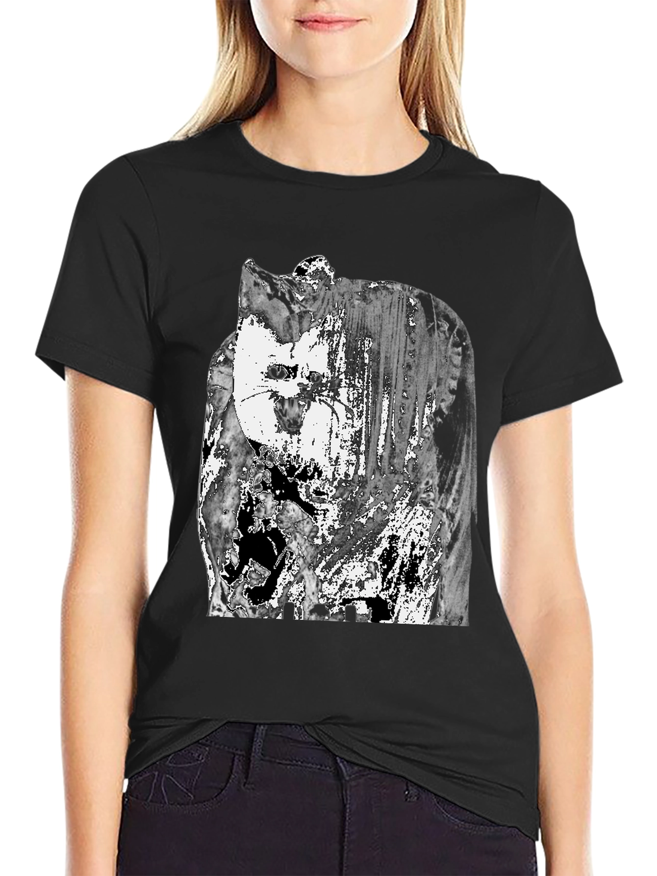 Abstract Cat Graphic T-Shirt - Black