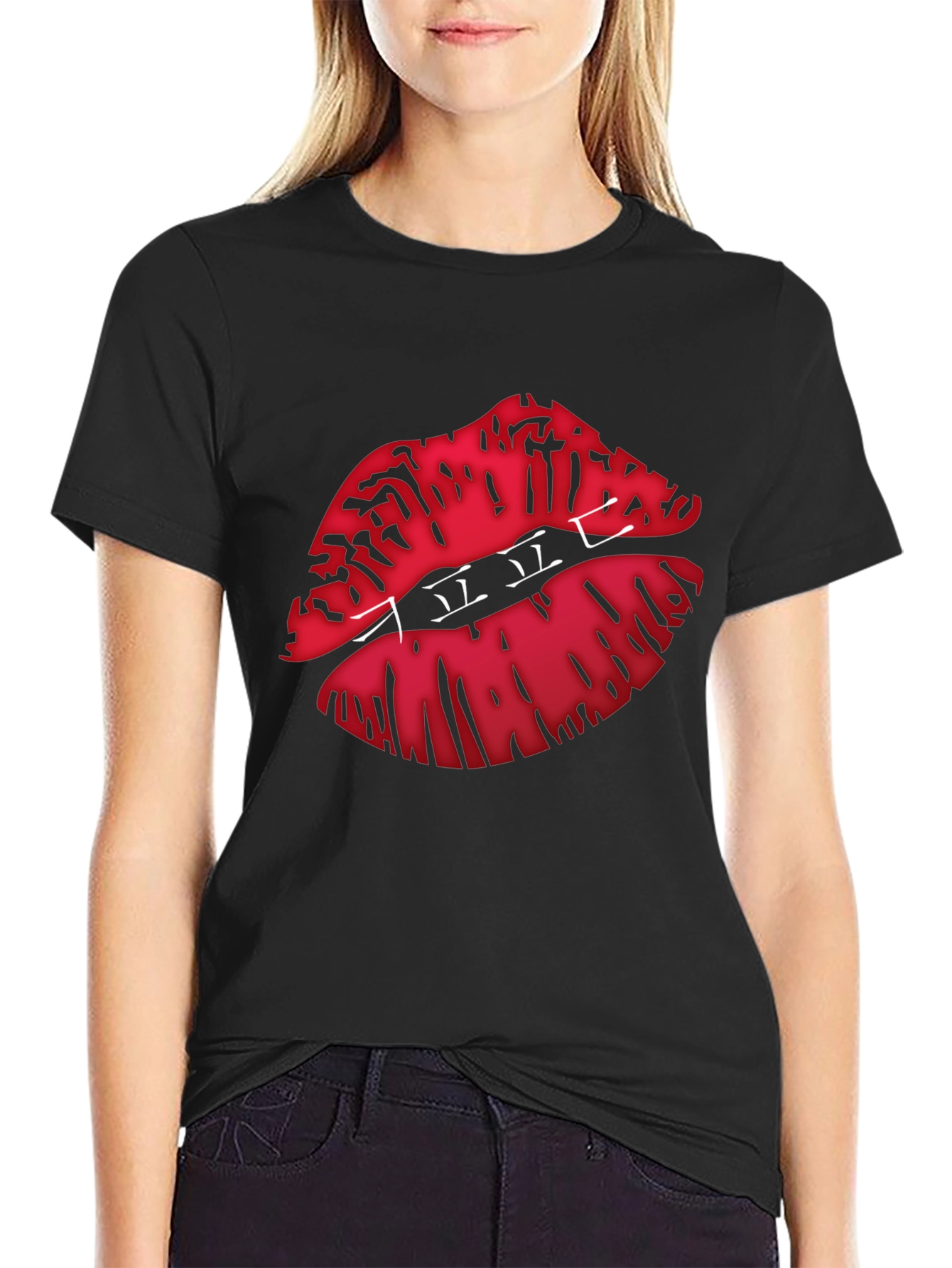 Graphic Lips Print Black Crew Neck T-Shirt
