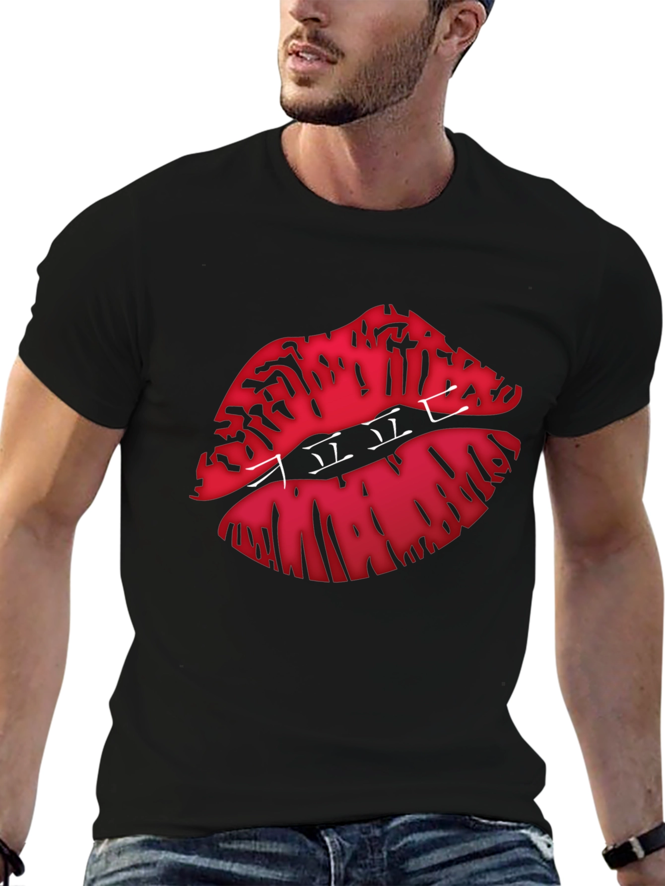 Graphic Lips Print Black Crew Neck T-Shirt